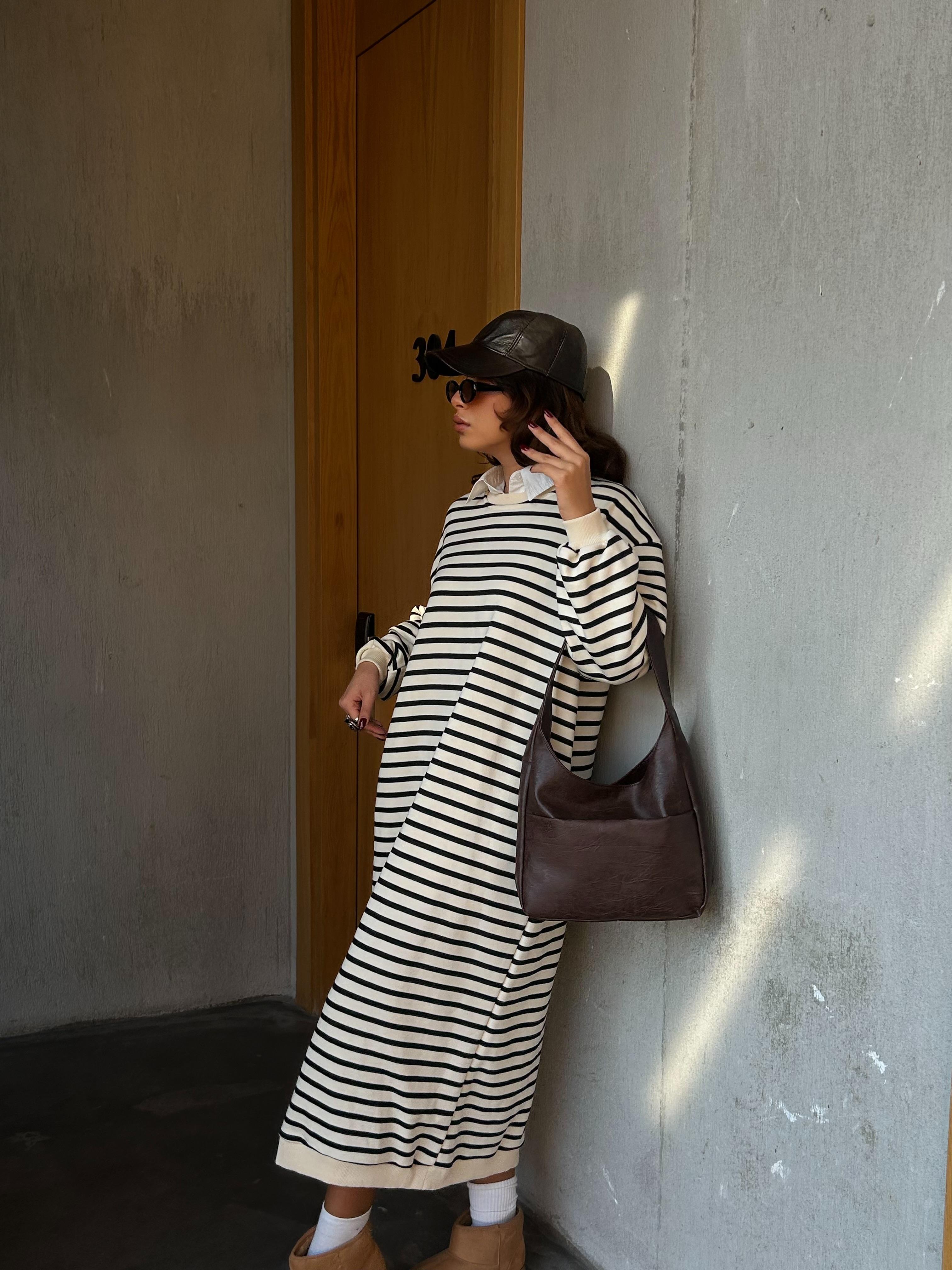 Kadın Siyah Çizgili 3 İplik Şardonsuz Uzun Oversize Elbise 28288