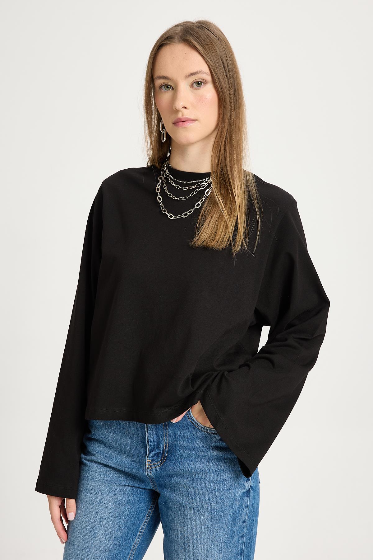 Kadın Siyah Geniş Kol Oversize Kısa Basic T-shirt 30059