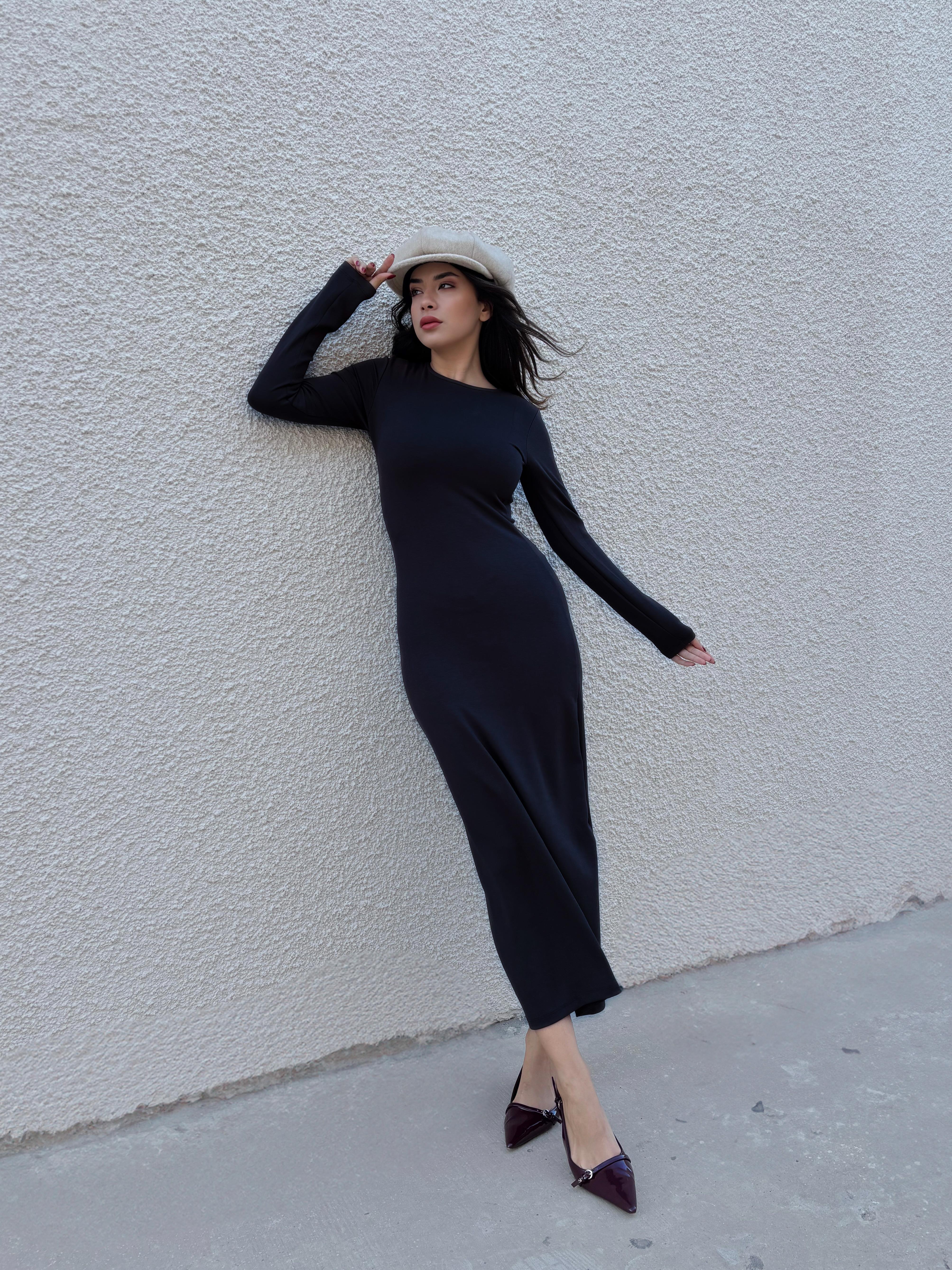 Kadın Siyah Modal Kumaş Dar kesim Uzun Elbise 30073