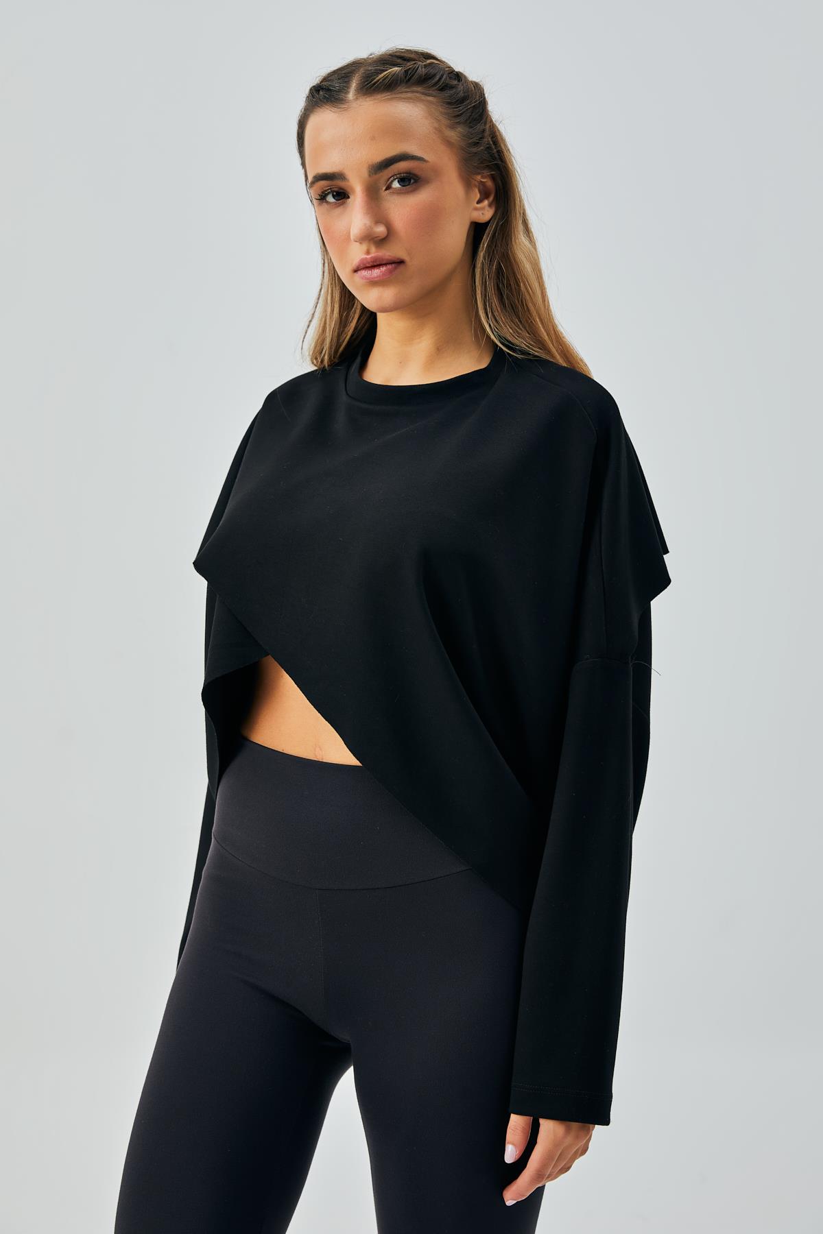 Kadın Siyah OYS Modal Kumaş Asimetrik Kesim Sweatshirt 28028