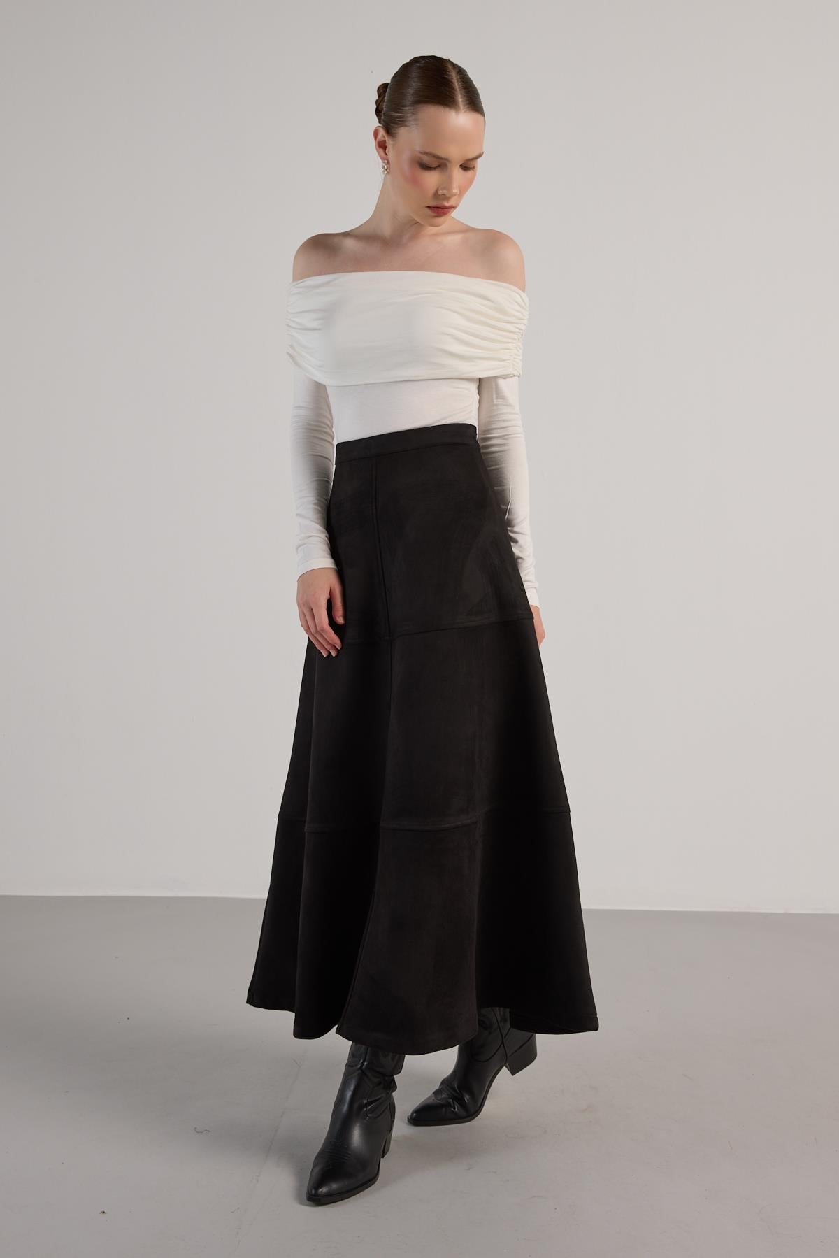 Kadın Siyah Parçalı Dalgıç Süet Uzun Etek 30040