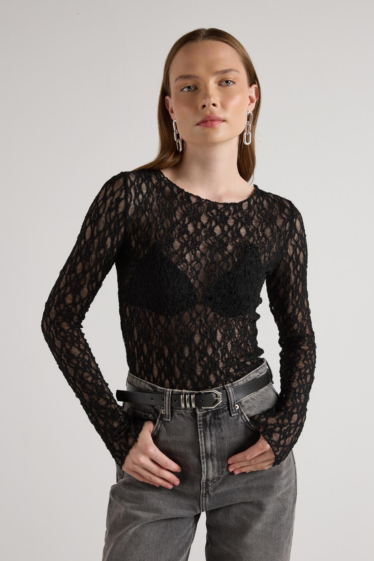 Kadın Siyah Transparan Dantel Kısa Likralı Bluz 30051