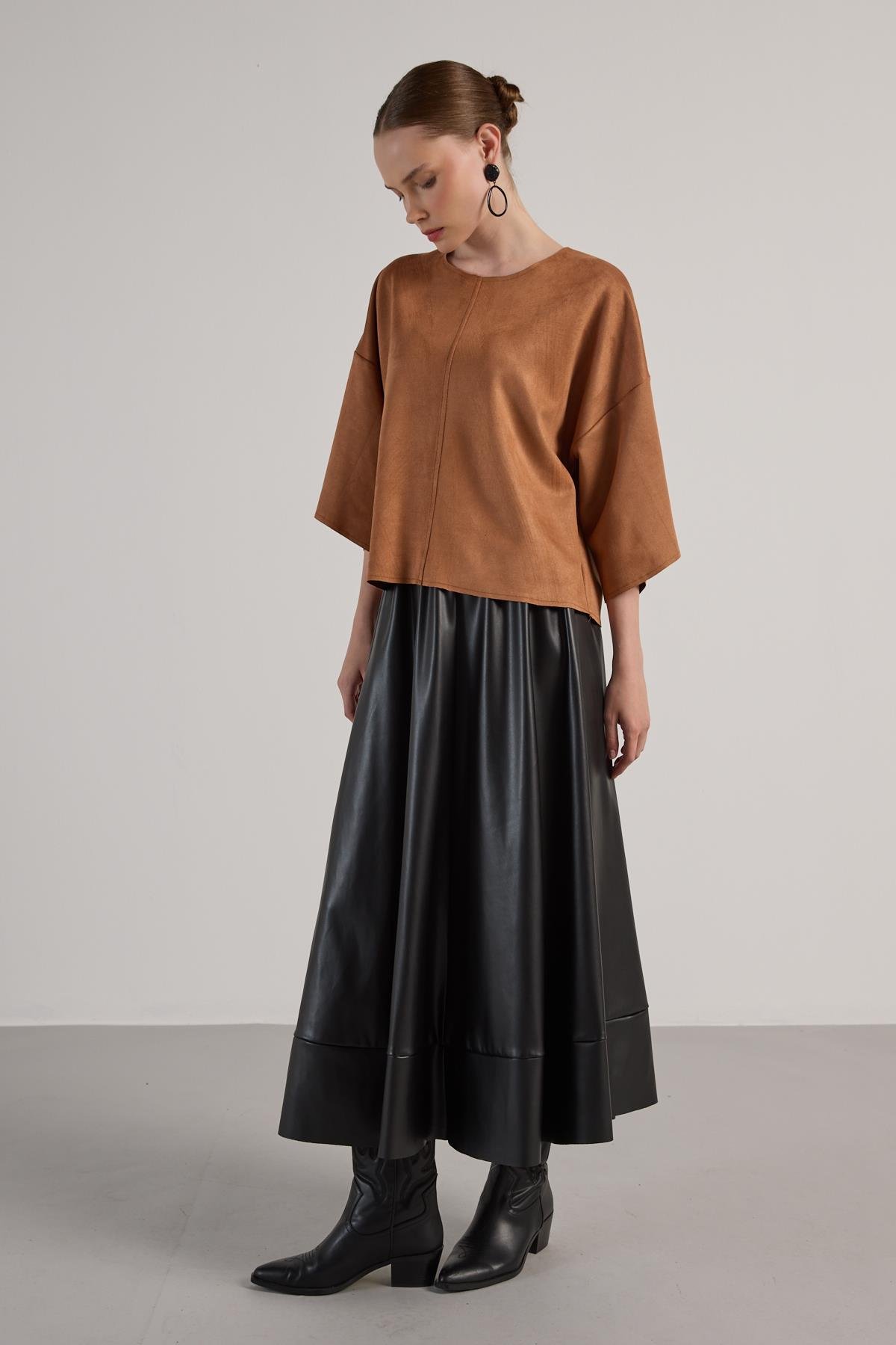 Kadın Taba Dalgıç Süet Parçalı Bluz 30038