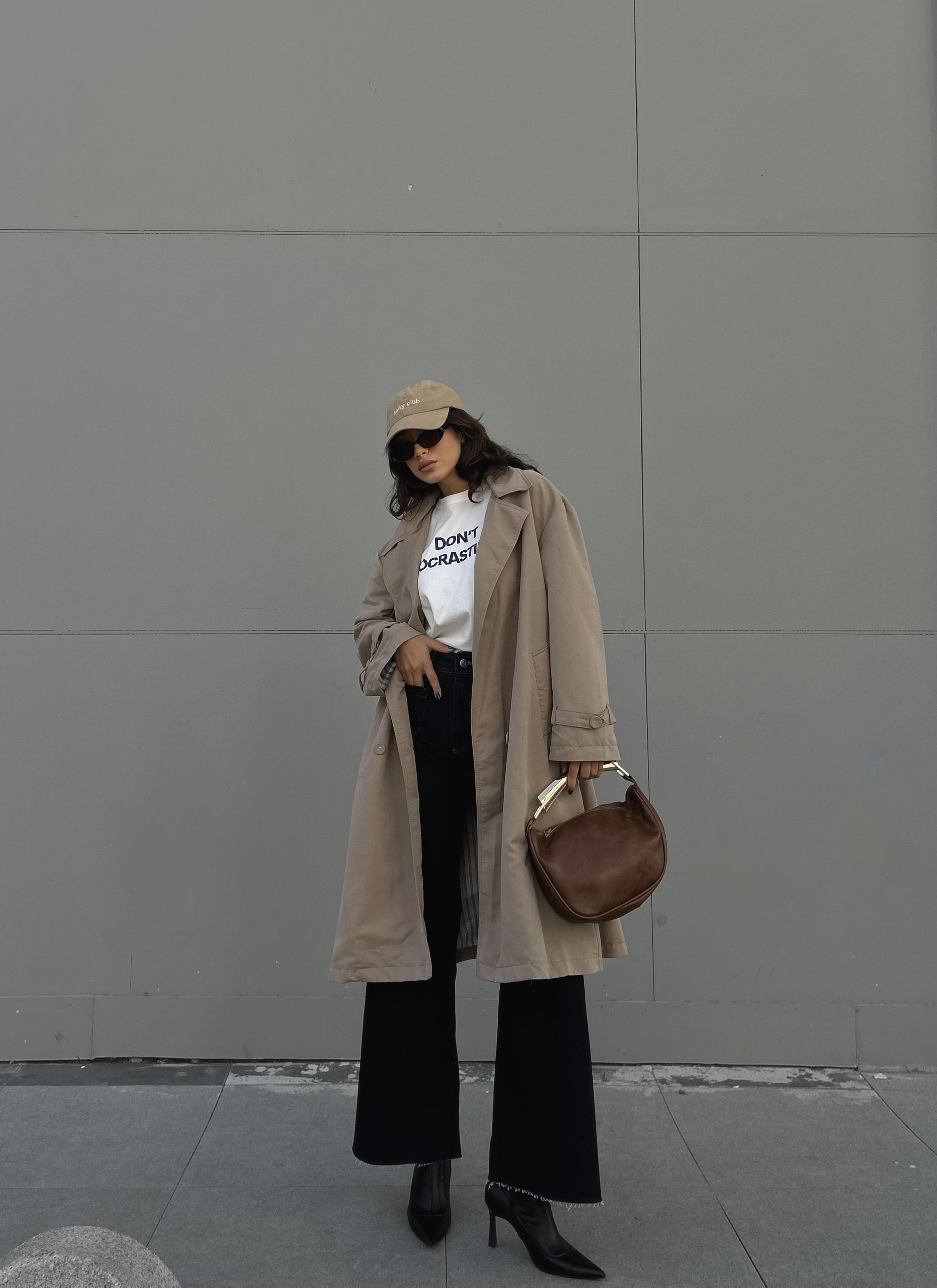 Kadın Taş Astarı Çizgi Desenli Oversize Trençkot 28119