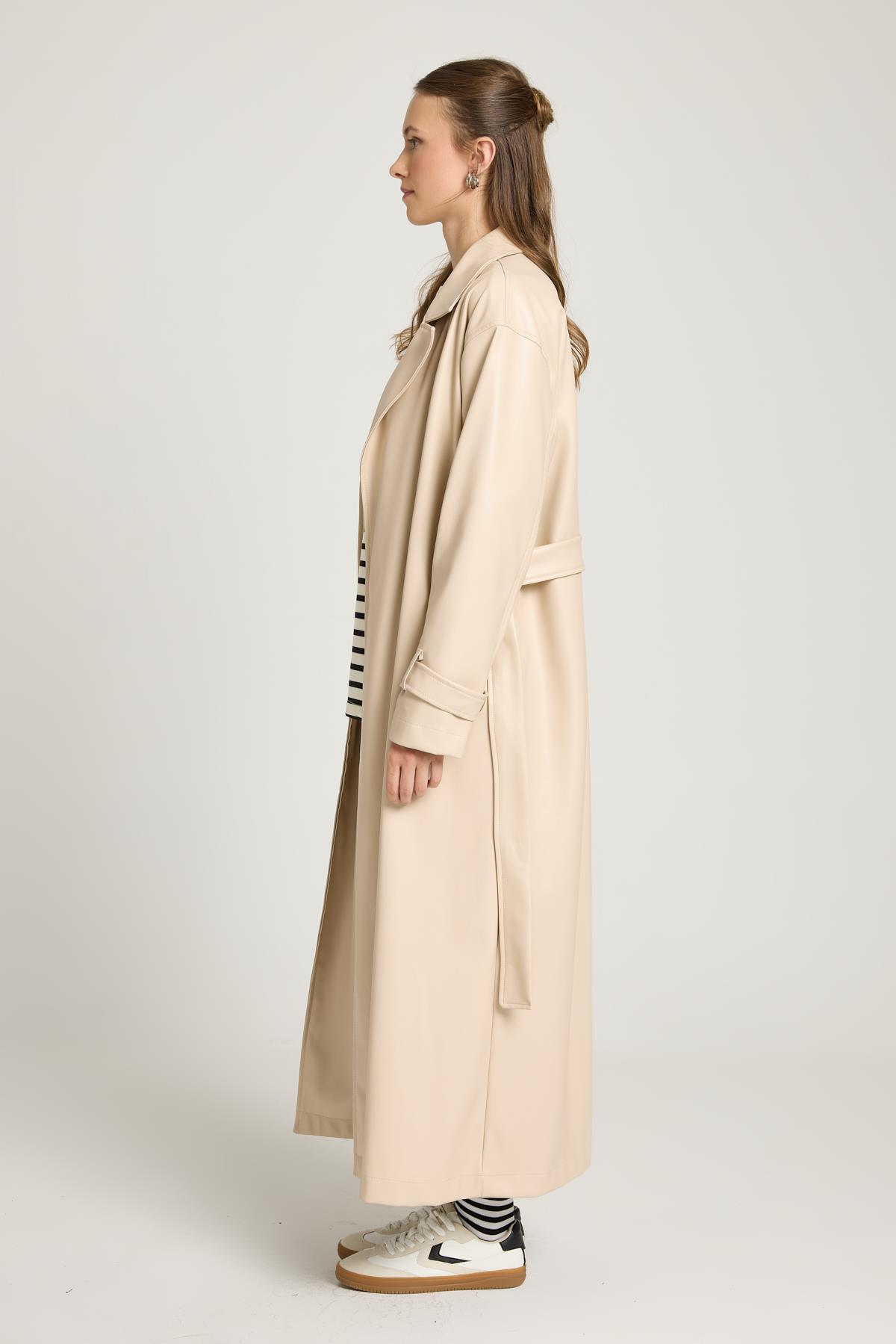 Kadın Taş Oversize Astarsız Tam Boy Deri Trench 30022