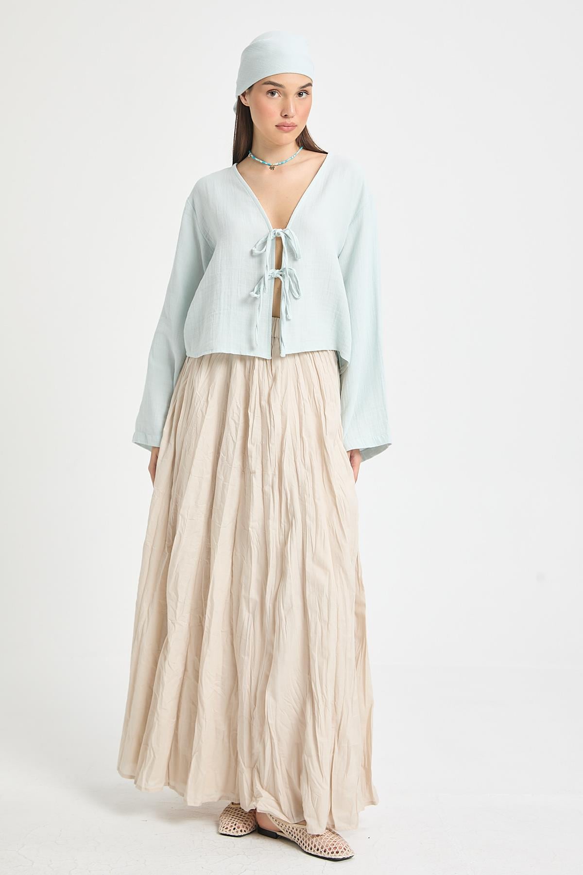 Kadın Taş Vual Kumaş Kırışık Uzun Astarlı Etek 29062