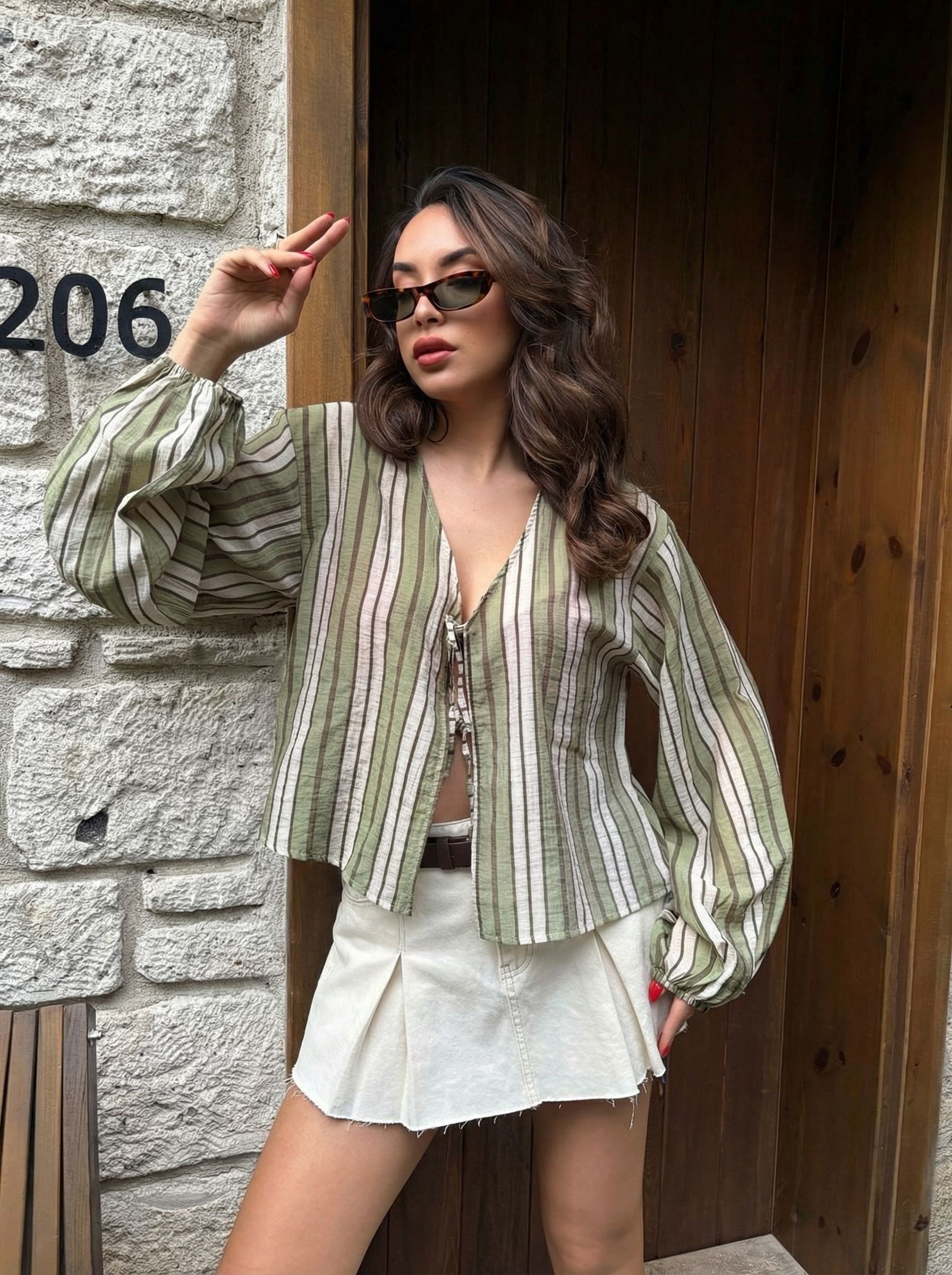 Kadın Viskon Kumaş Önden Bağlamalı Çizgili Bluz 31069