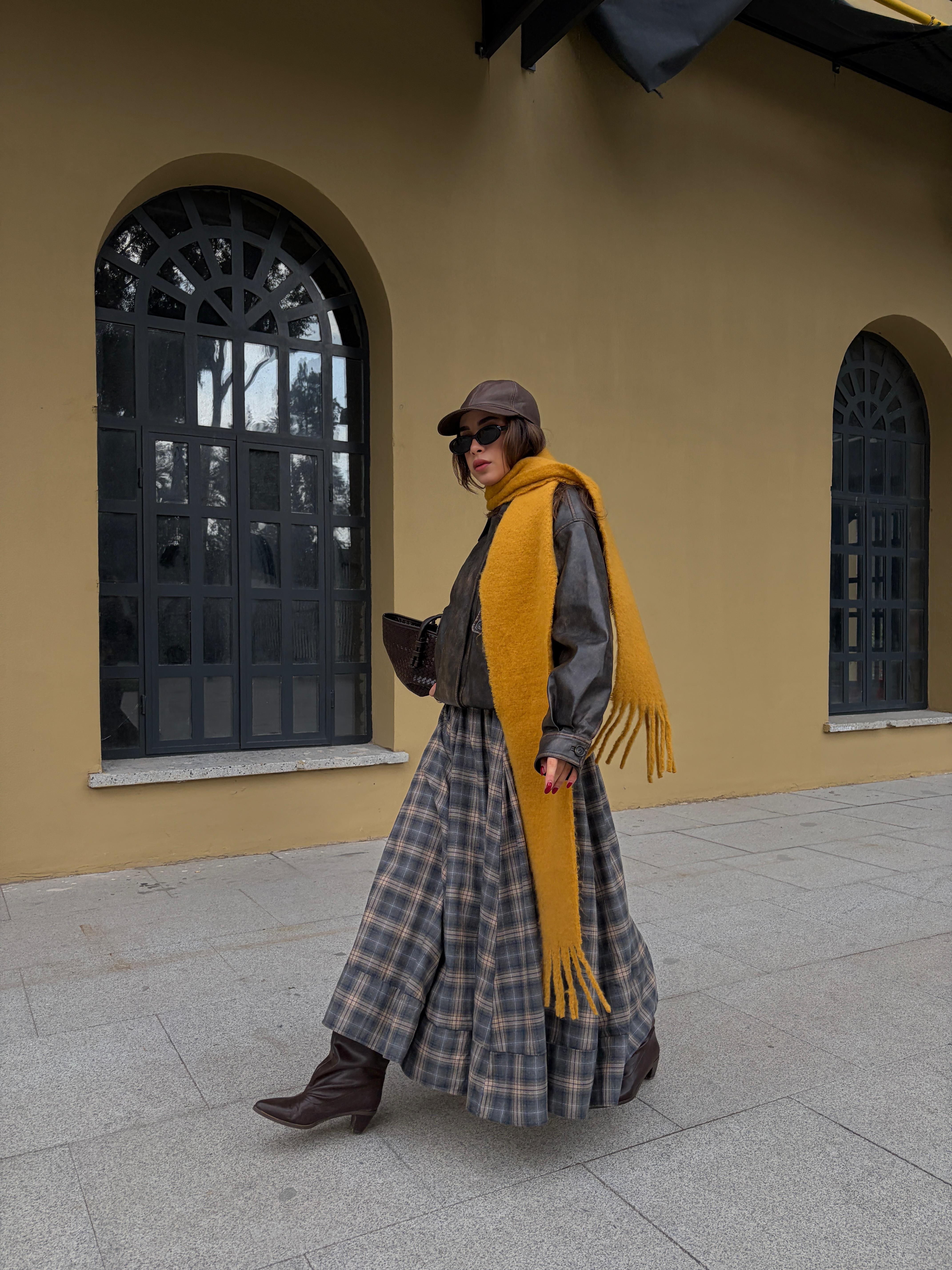 Kadın Vizon Ekoseli Beli Lastikli Uzun Etek 31025