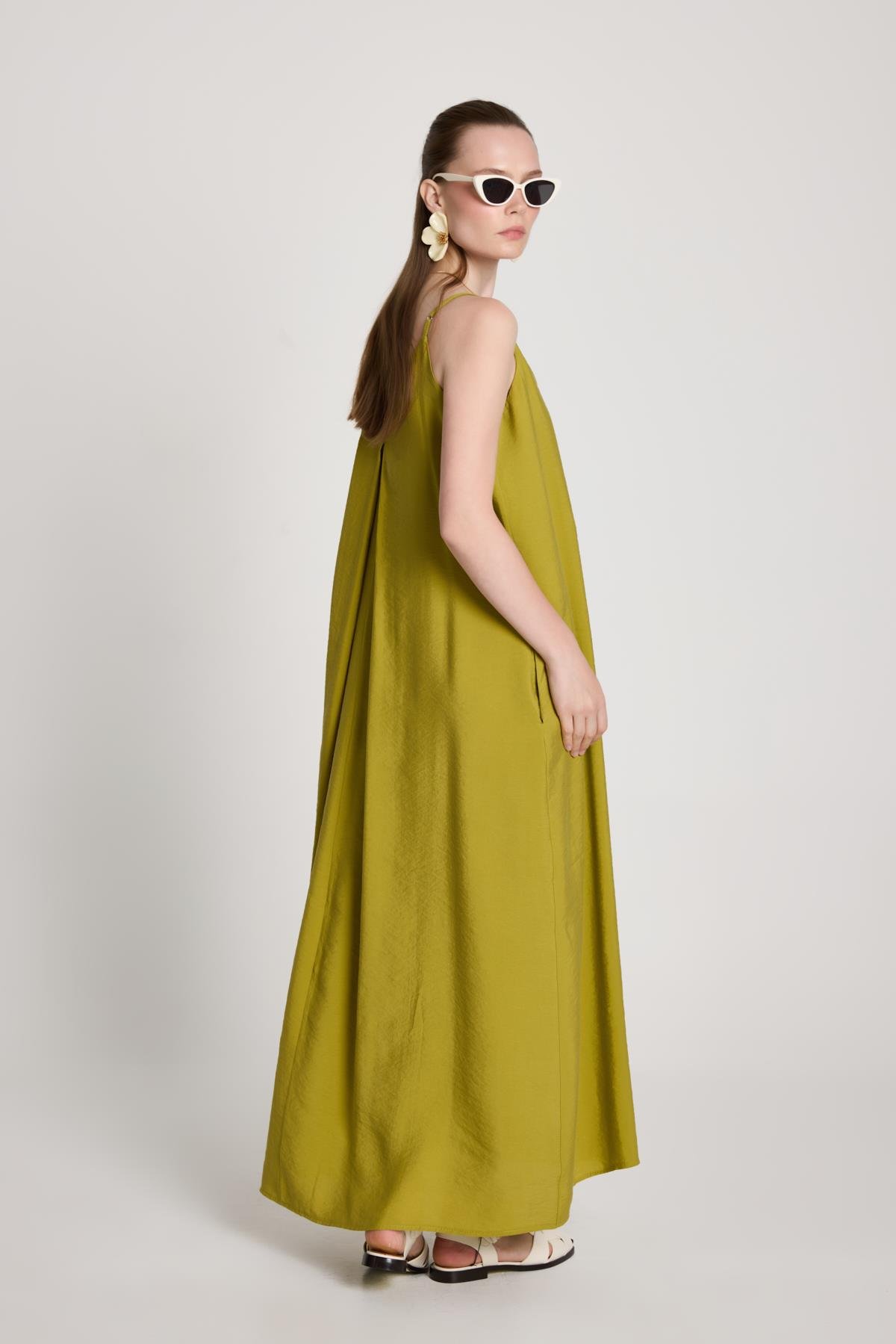 Kadın Yağ Yeşili %100 Modal Askılı Bol Kesim Uzun Elbise 29201
