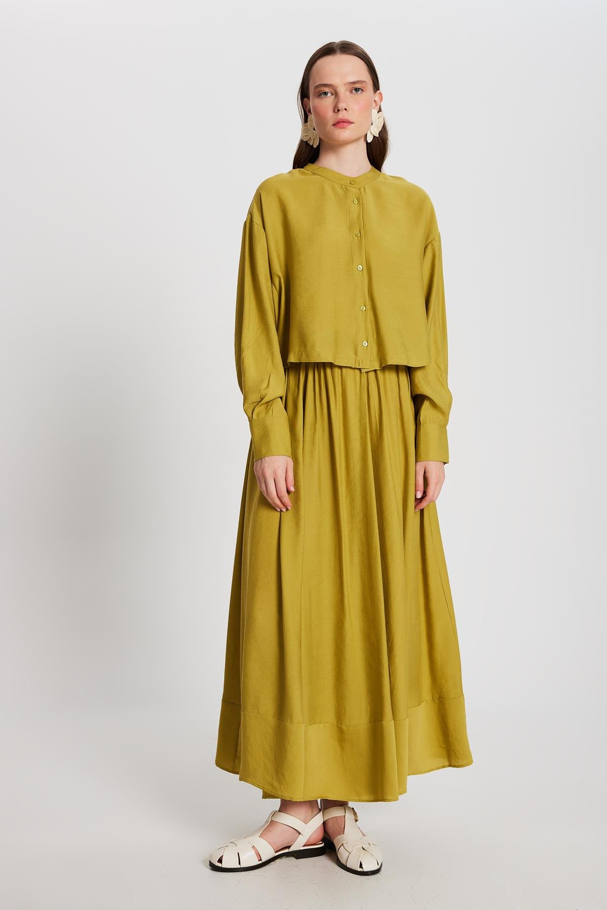 Kadın Yağ Yeşili %100 Modal Hakim Yaka Kısa Gömlek 29147