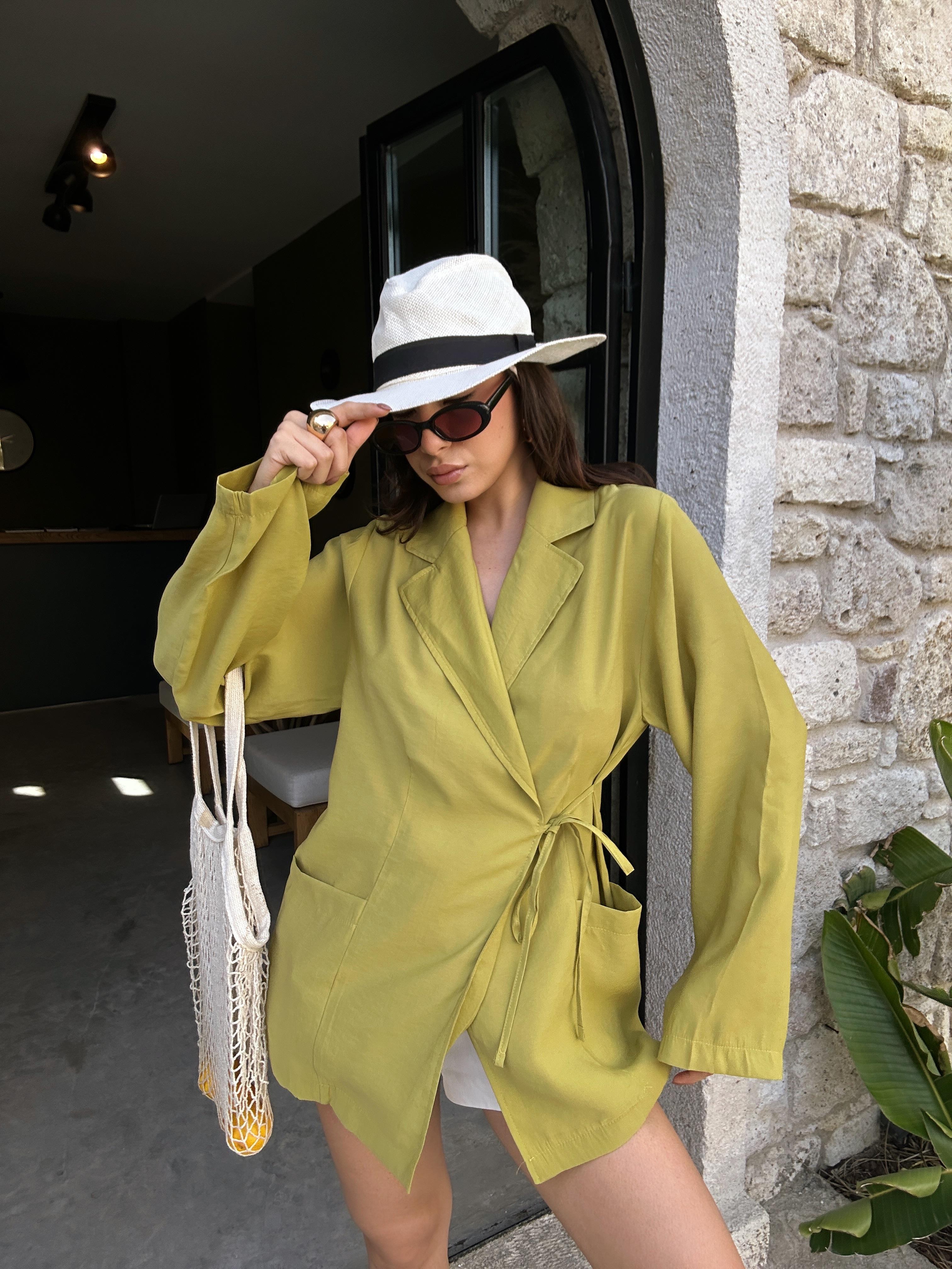 Kadın Yağ Yeşili %100 Modal Kumaş Bağlamalı Oversize Ceket 29106