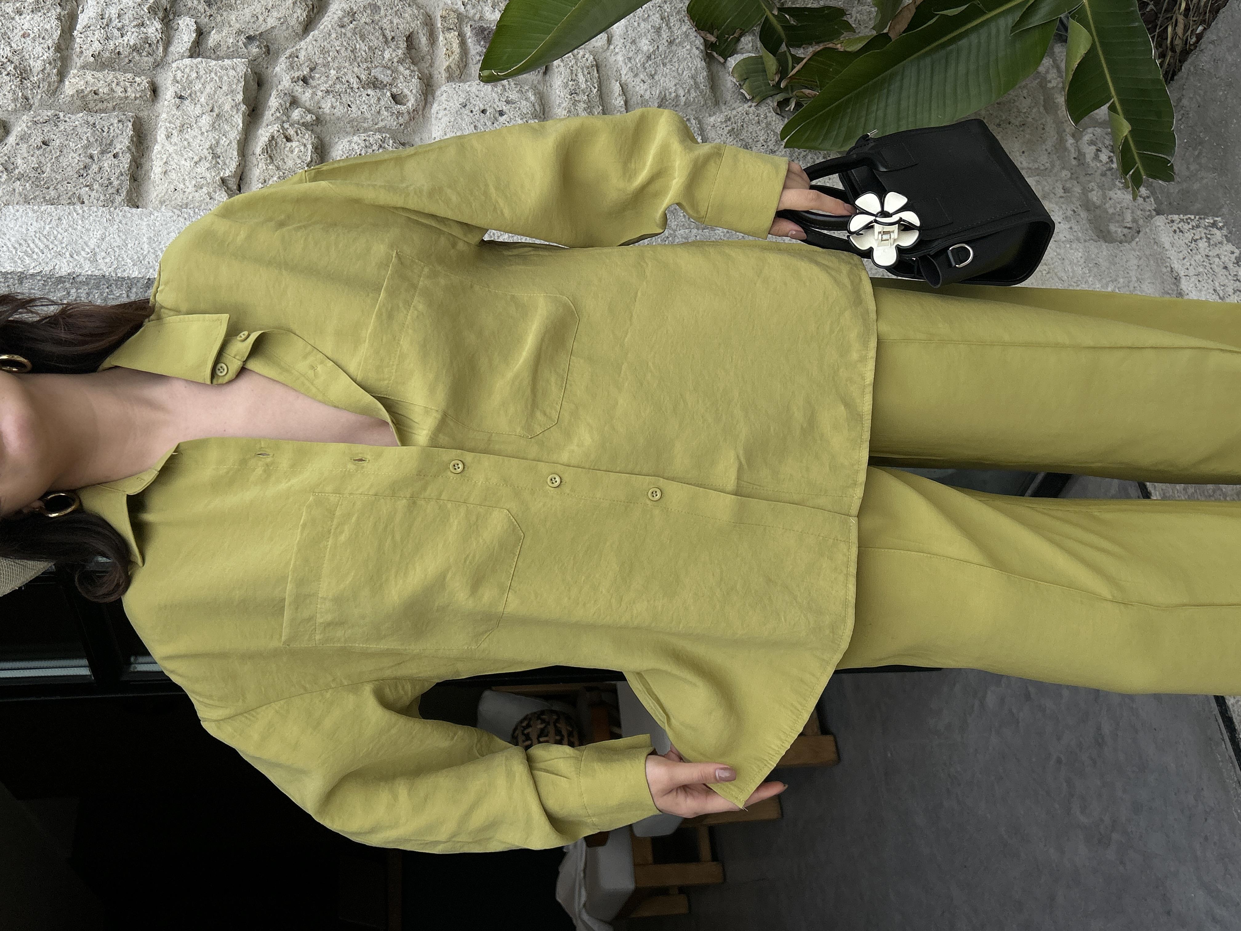 Kadın Yağ Yeşili %100 Modal Kumaş Cep Detaylı Oversize Uzun Gömlek 29108