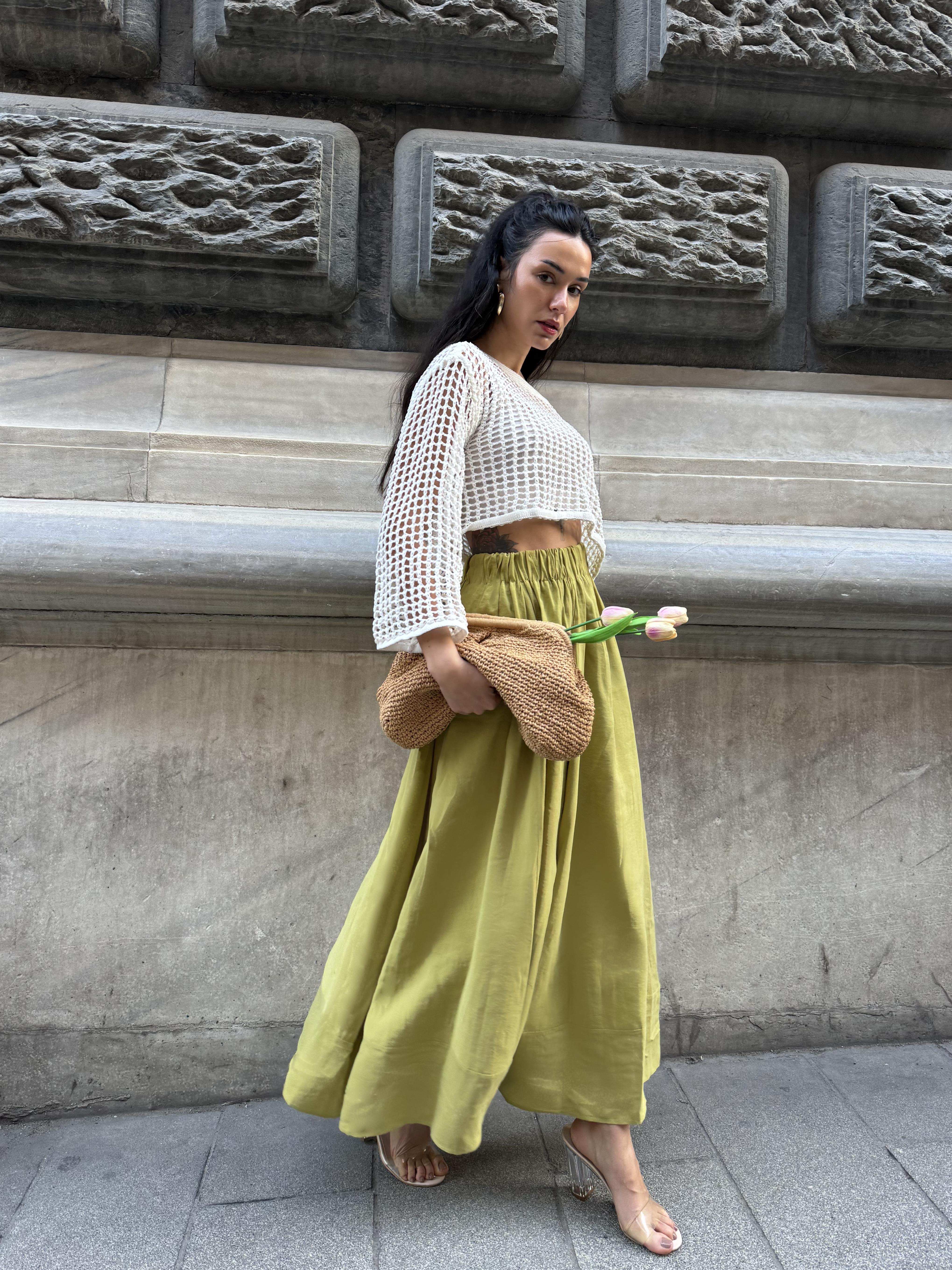 Kadın Yağ Yeşili %100 Modal Uzun Etek 29078