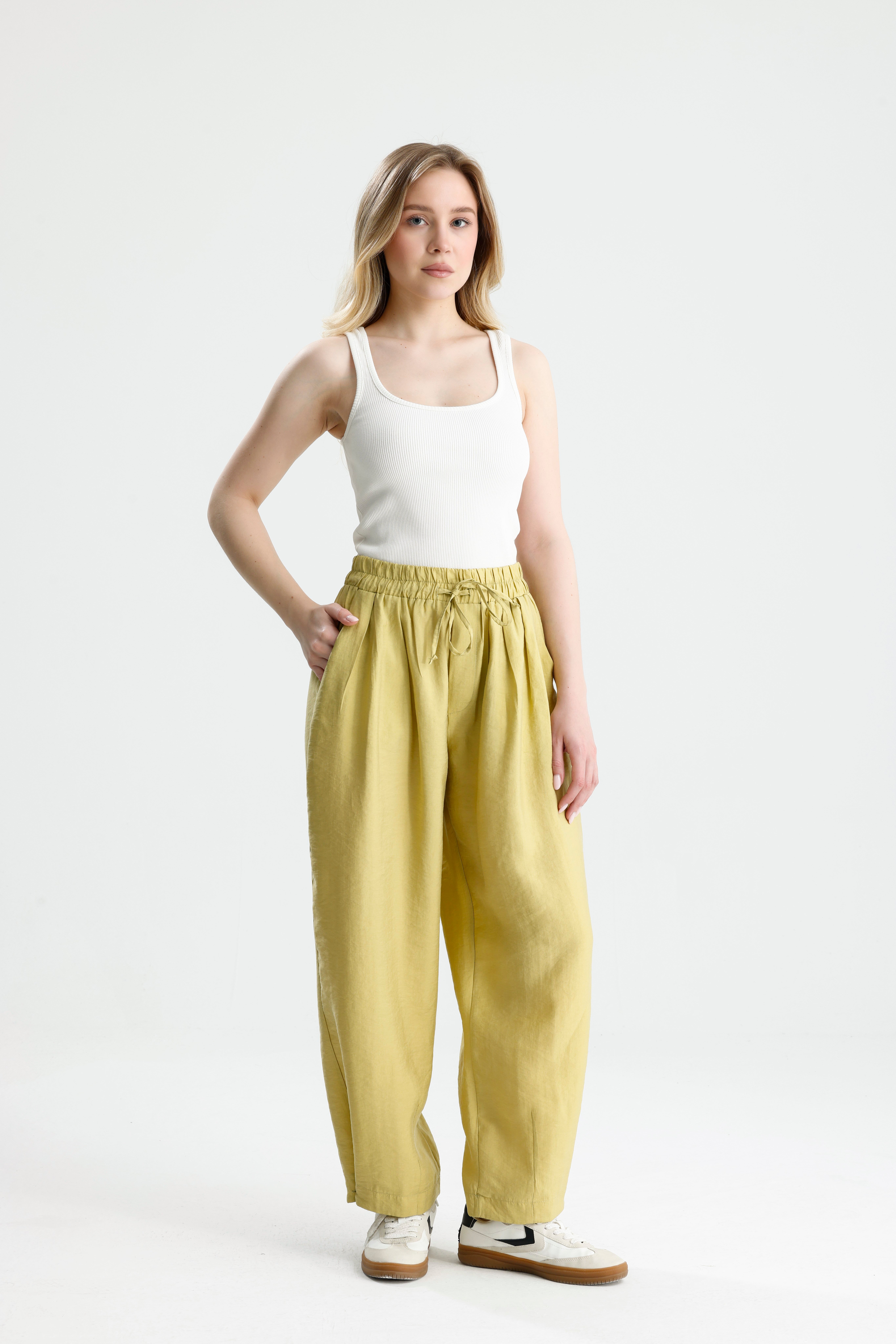 Kadın Yağ Yeşili Premium Kumaş Oversize Pantolon 31085