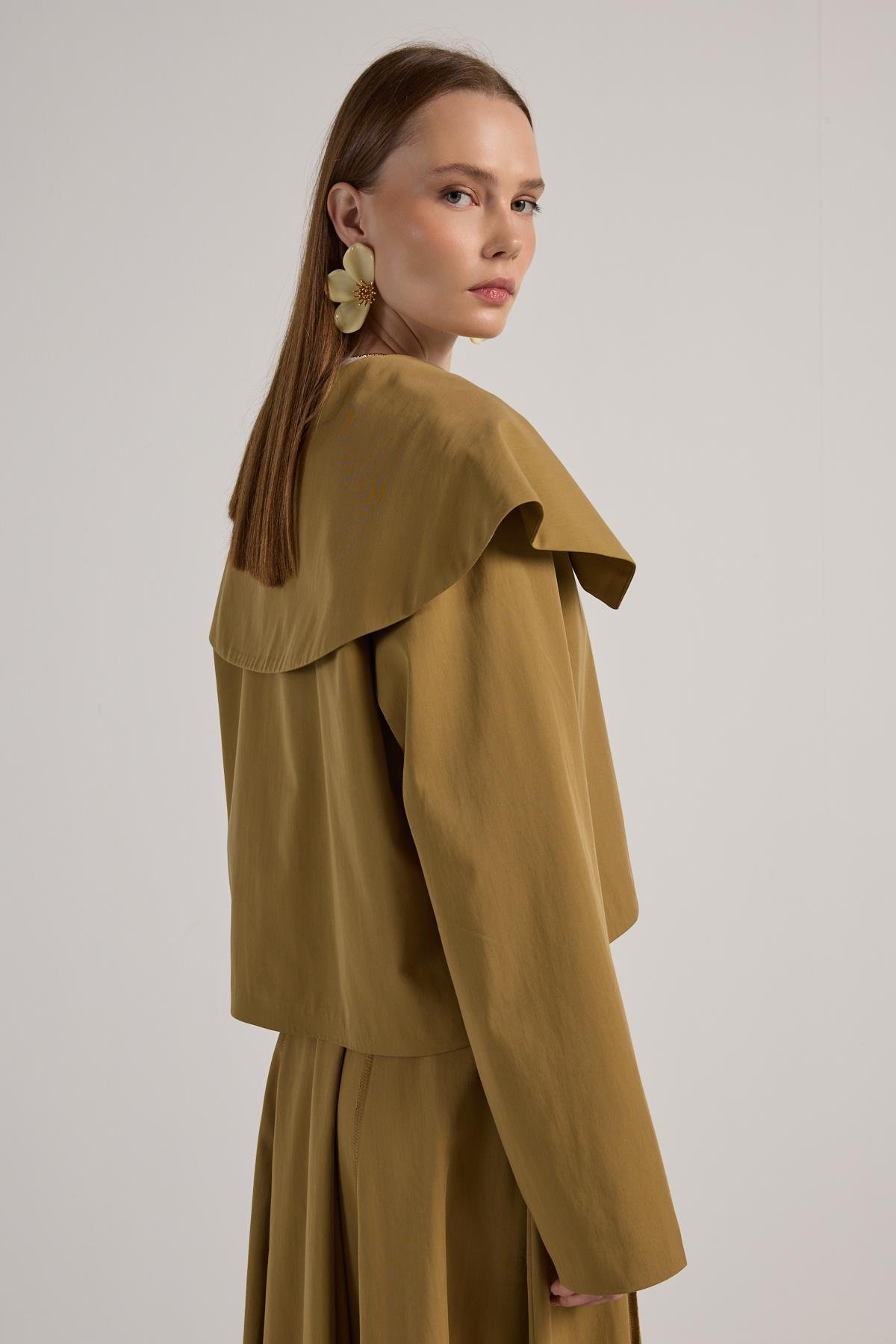 Kadın Yağ Yeşili Premium Tasarım Kısa Trençkot 30011