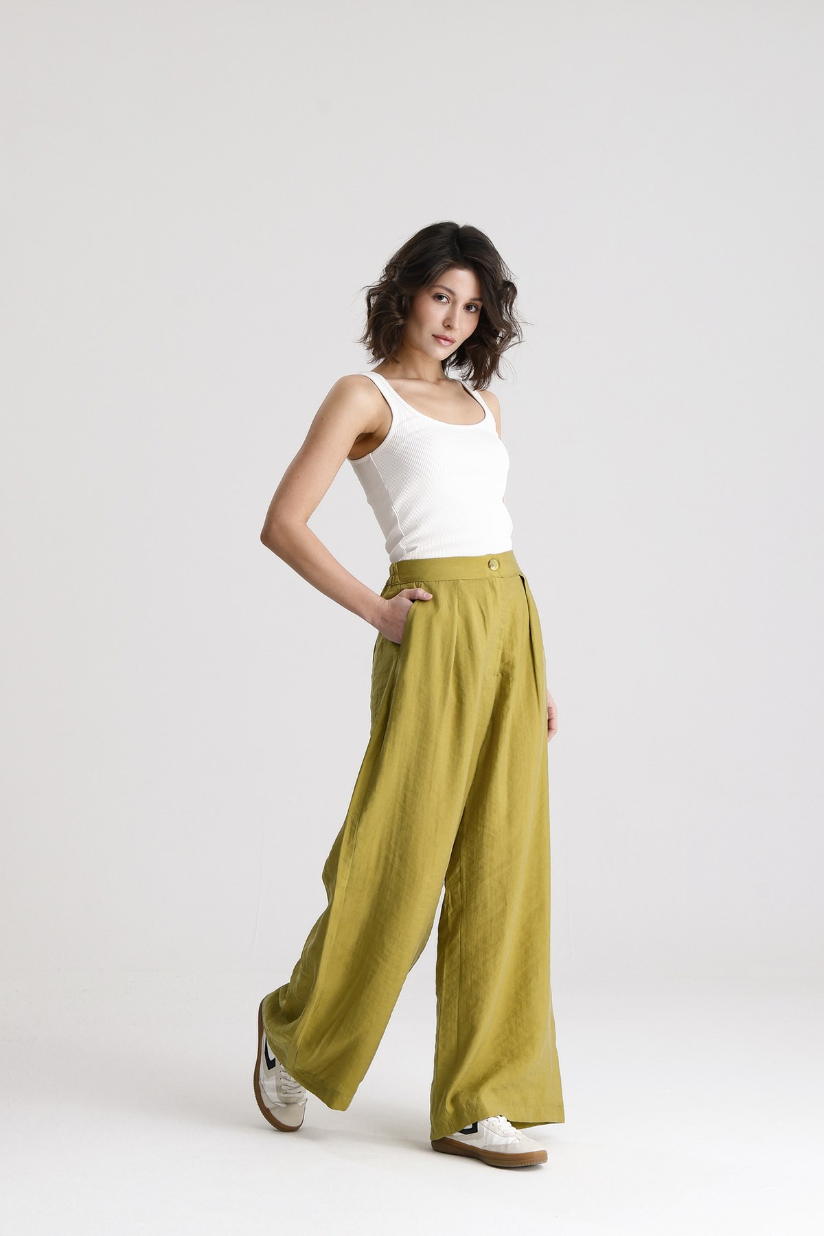 Kadın Yağ Yeşili Premium Tensel Kumaş Palazzo Pantalon 31074