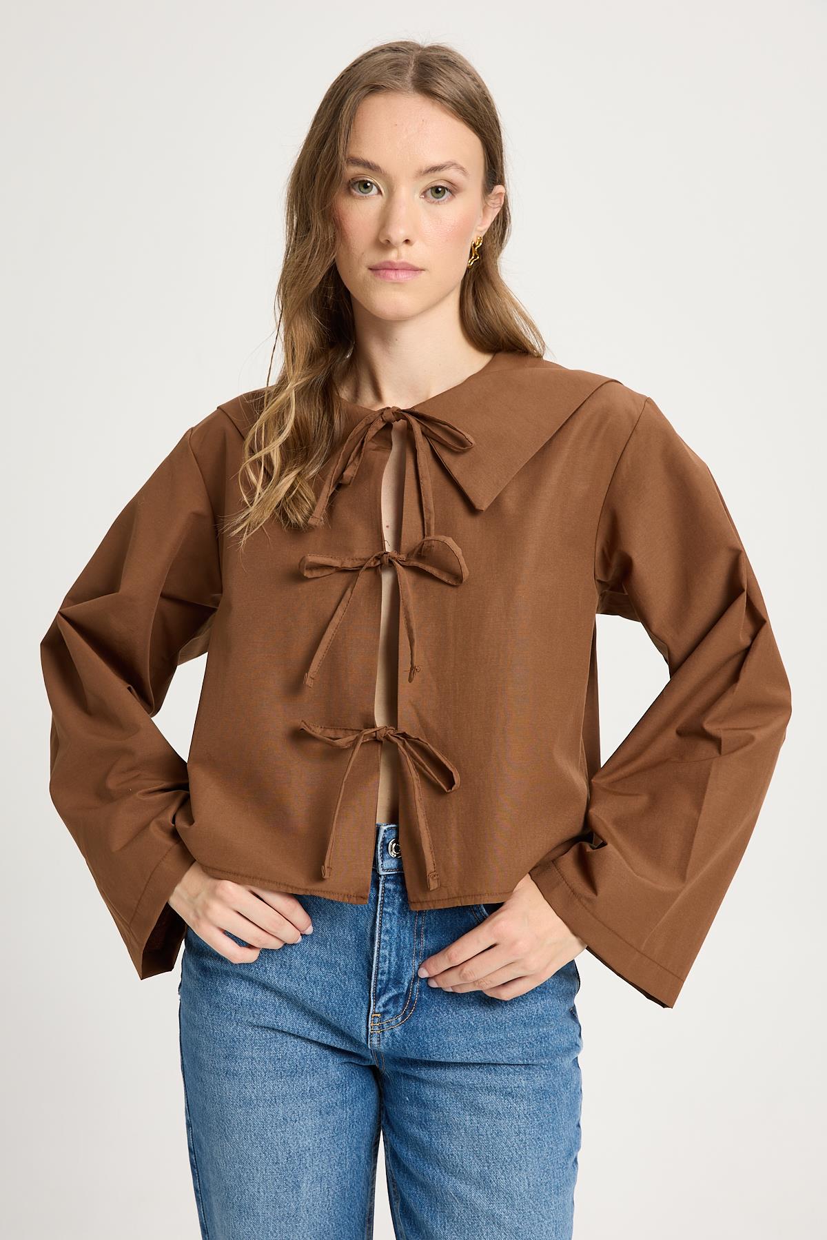 Kahve Bağlama Detaylı Poplin Bluz 30012