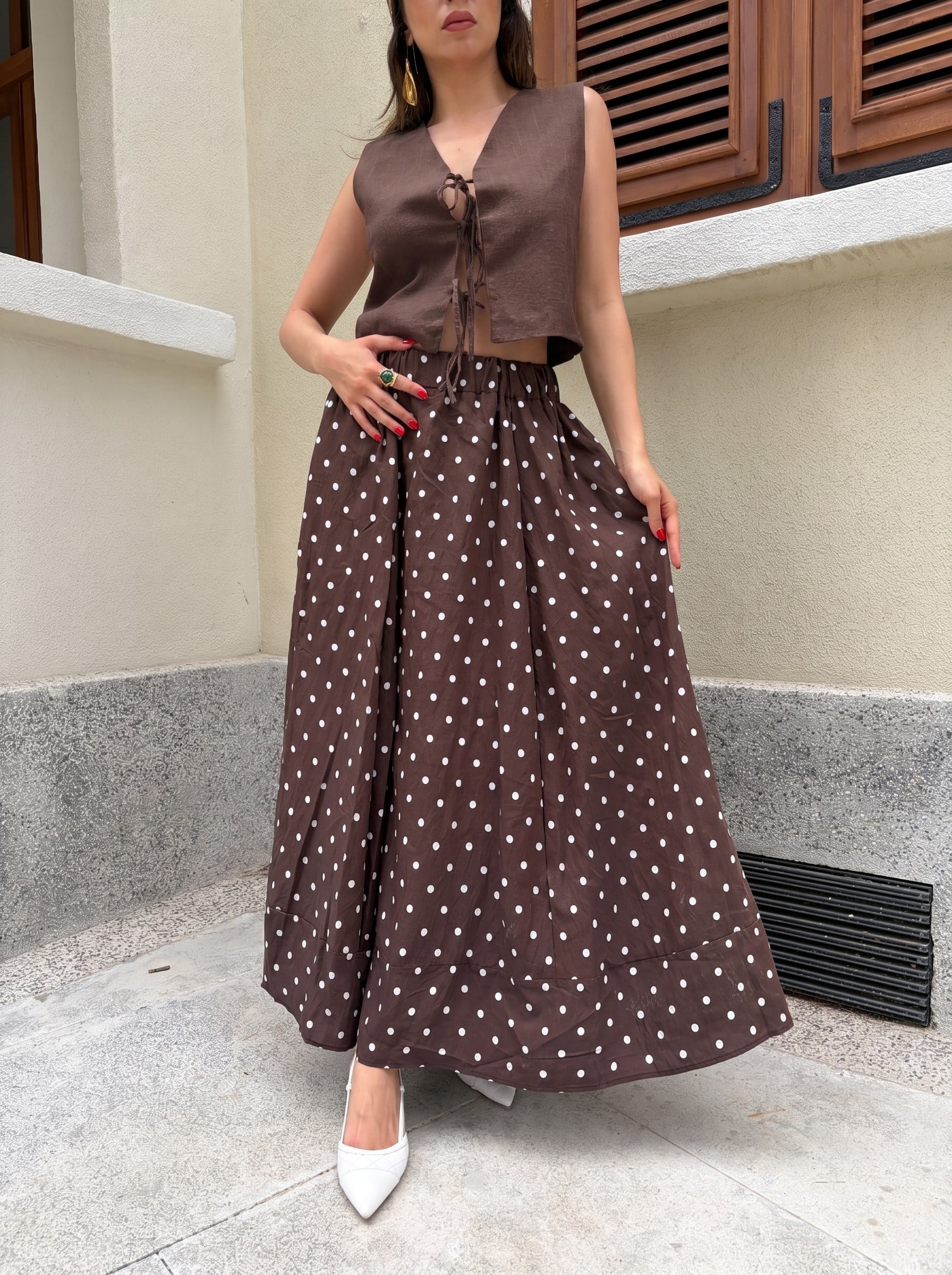 Kahve-Beyaz Puantiyeli Astarlı Uzun Etek 31118