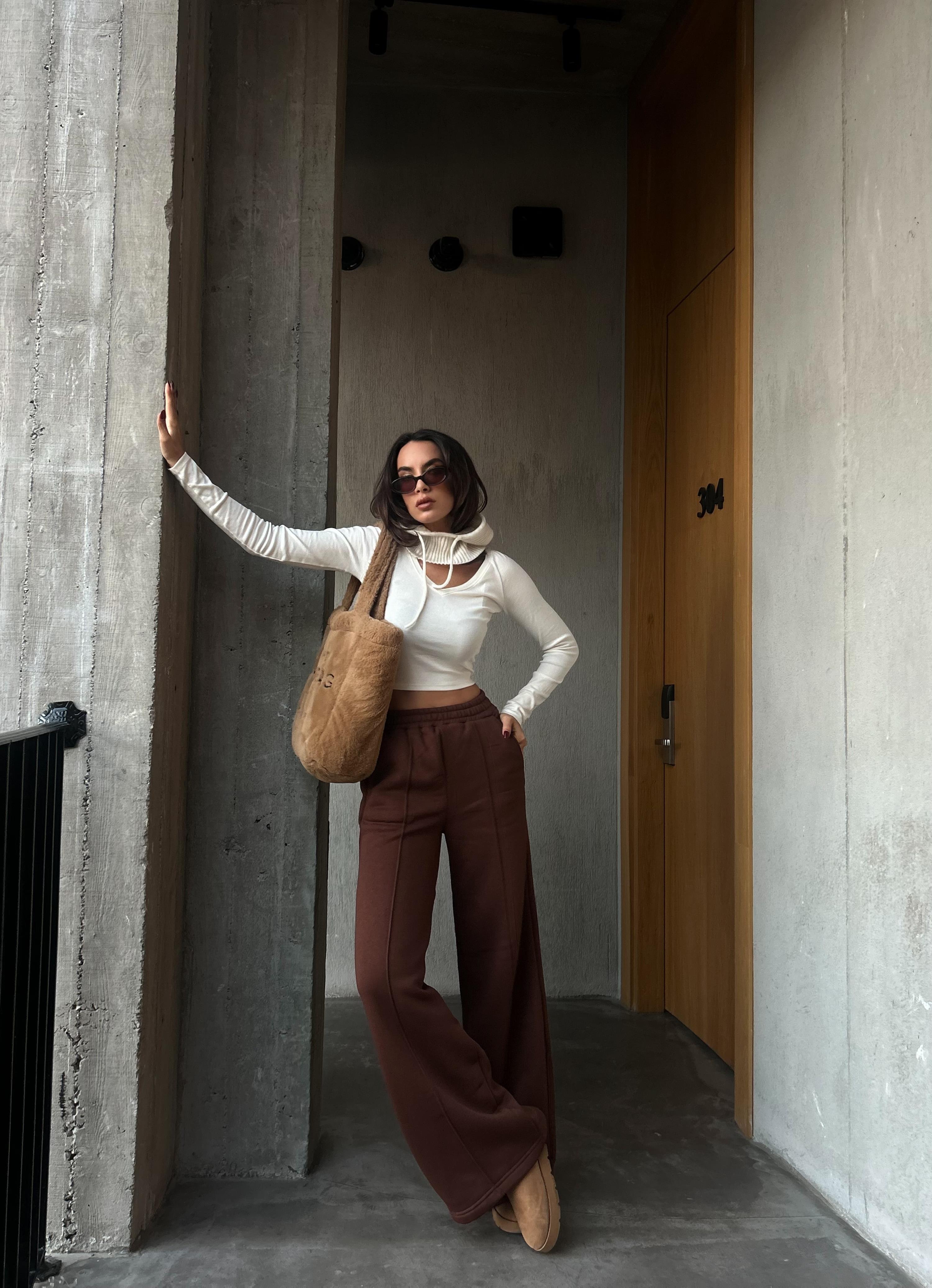 Kahve Geniş Kesim Beli Lastikli Şardonlu Eşofman Altı 