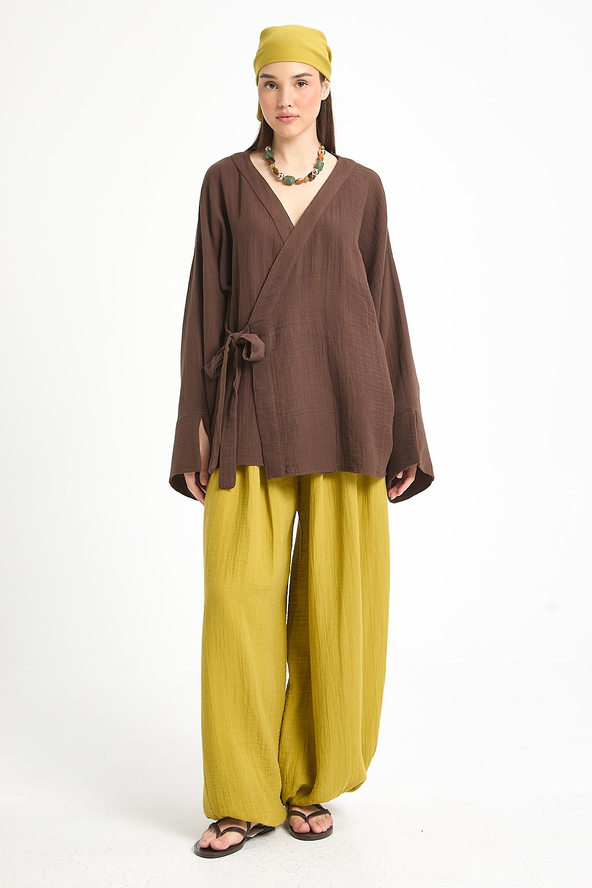 Kahve Oversize Müslin Kimono 29219