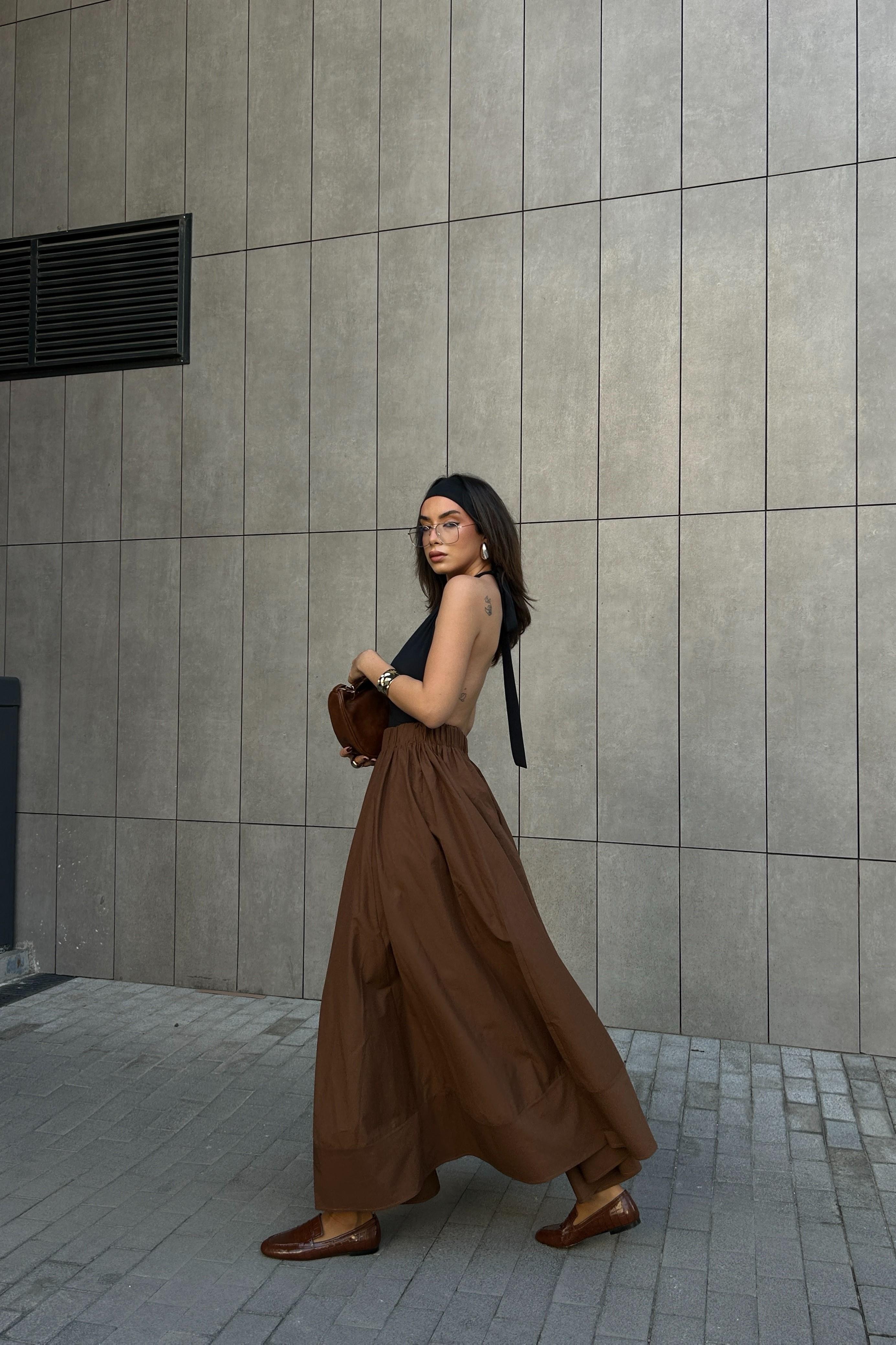 Kahve Poplin Beli Lastikli Uzun Etek 27321