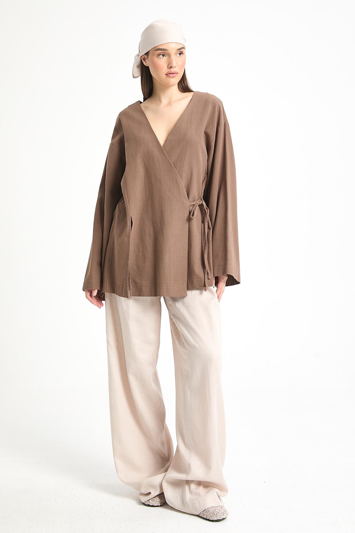 Kahve Yırtmaç Detaylı Bağlamalı Uzun %100 Pamuk Kimono 29211
