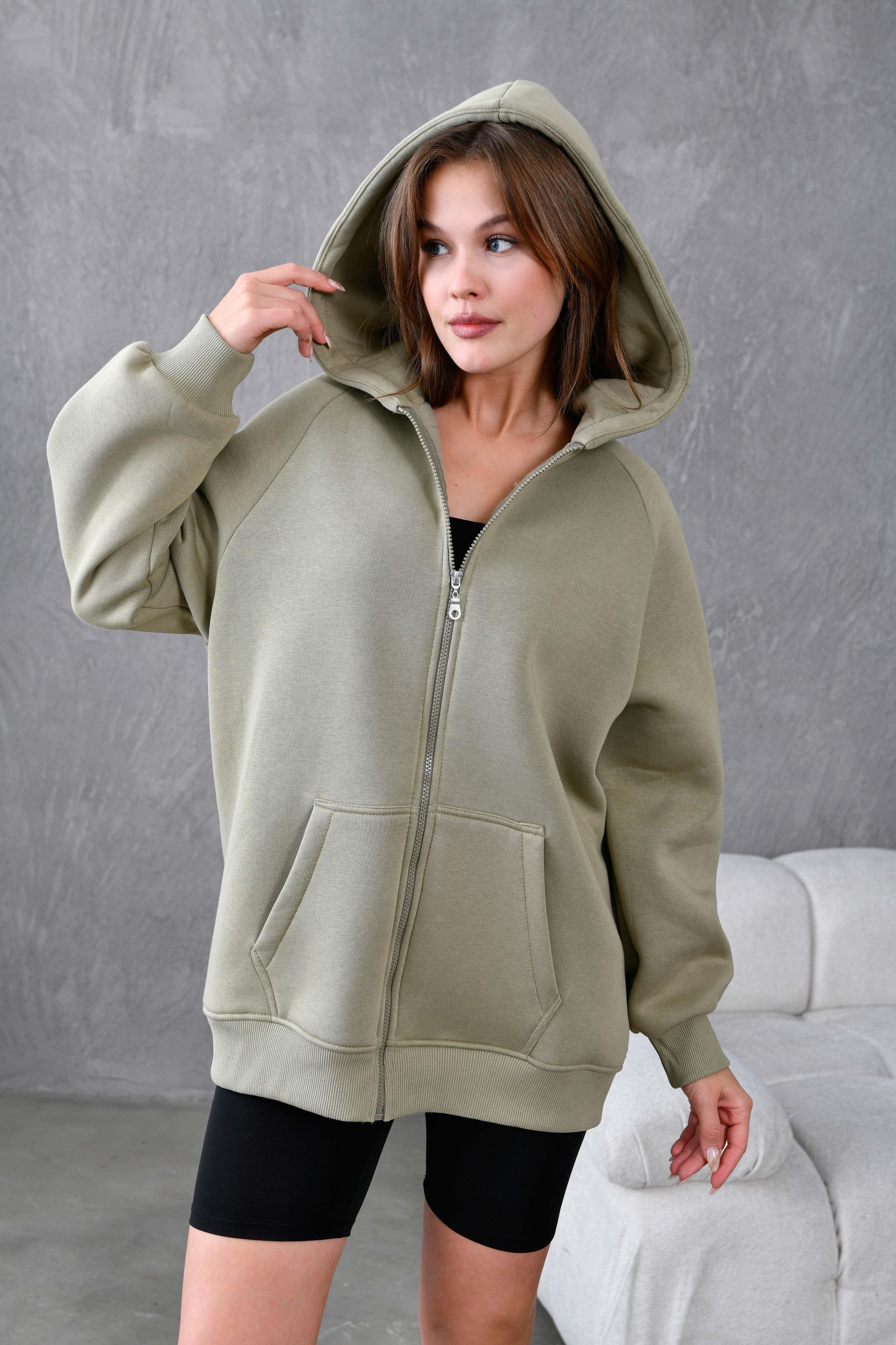 Küf Yeşili Fermuarlı Kapüşonlu Unisex Şardonlu Oversize Sweatshirt 28217