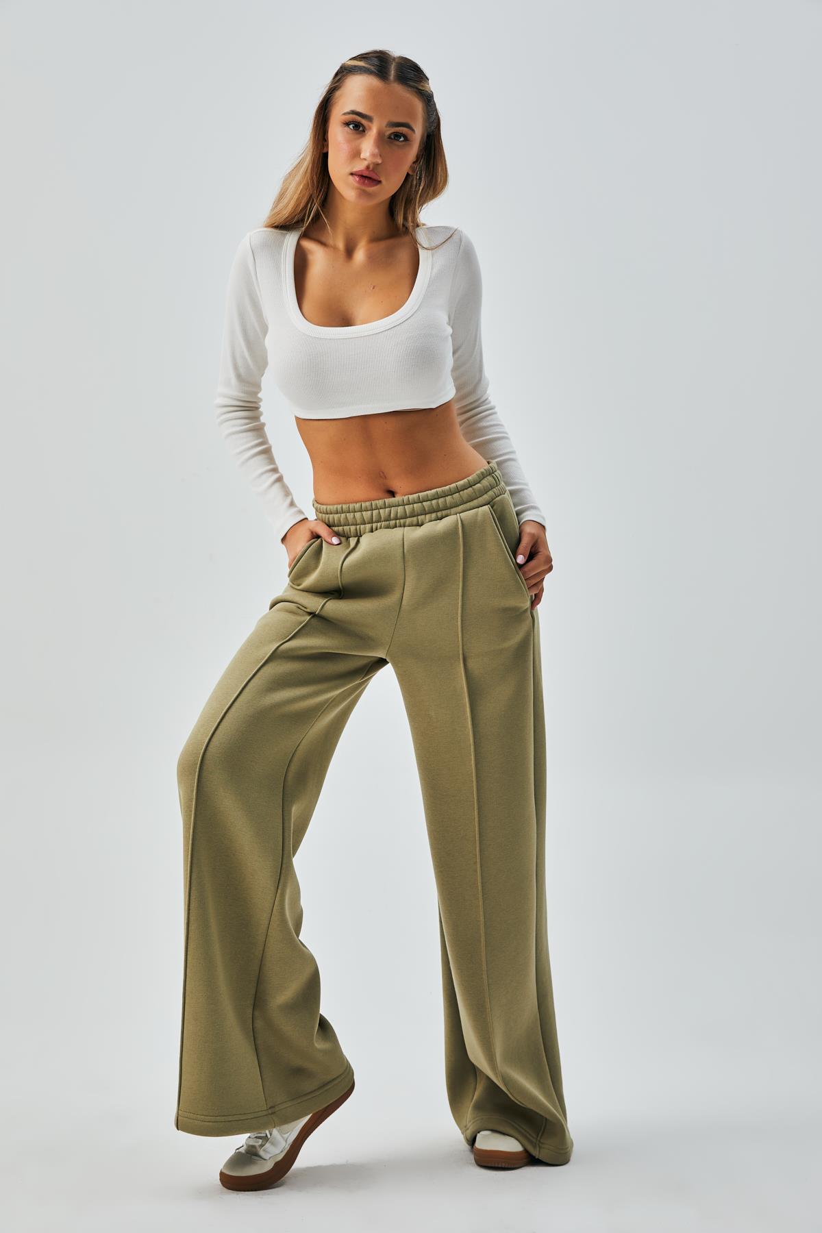 Küf Yeşili Geniş Kesim Beli Lastikli Şardonlu Eşortman Altı 