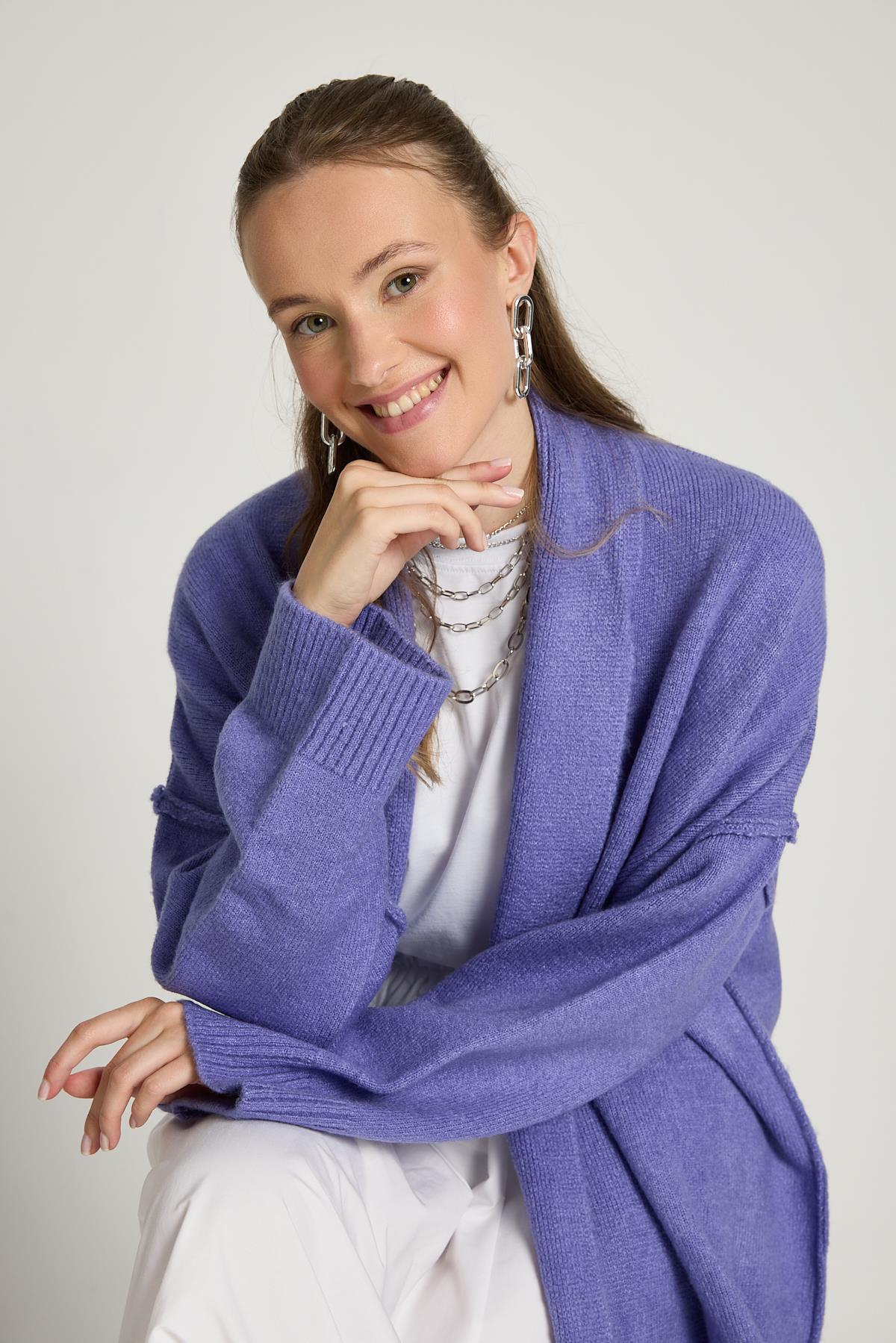 Lila Pis Dikiş Detaylı Uzun Oversize Yumoş Triko Hırka 26257