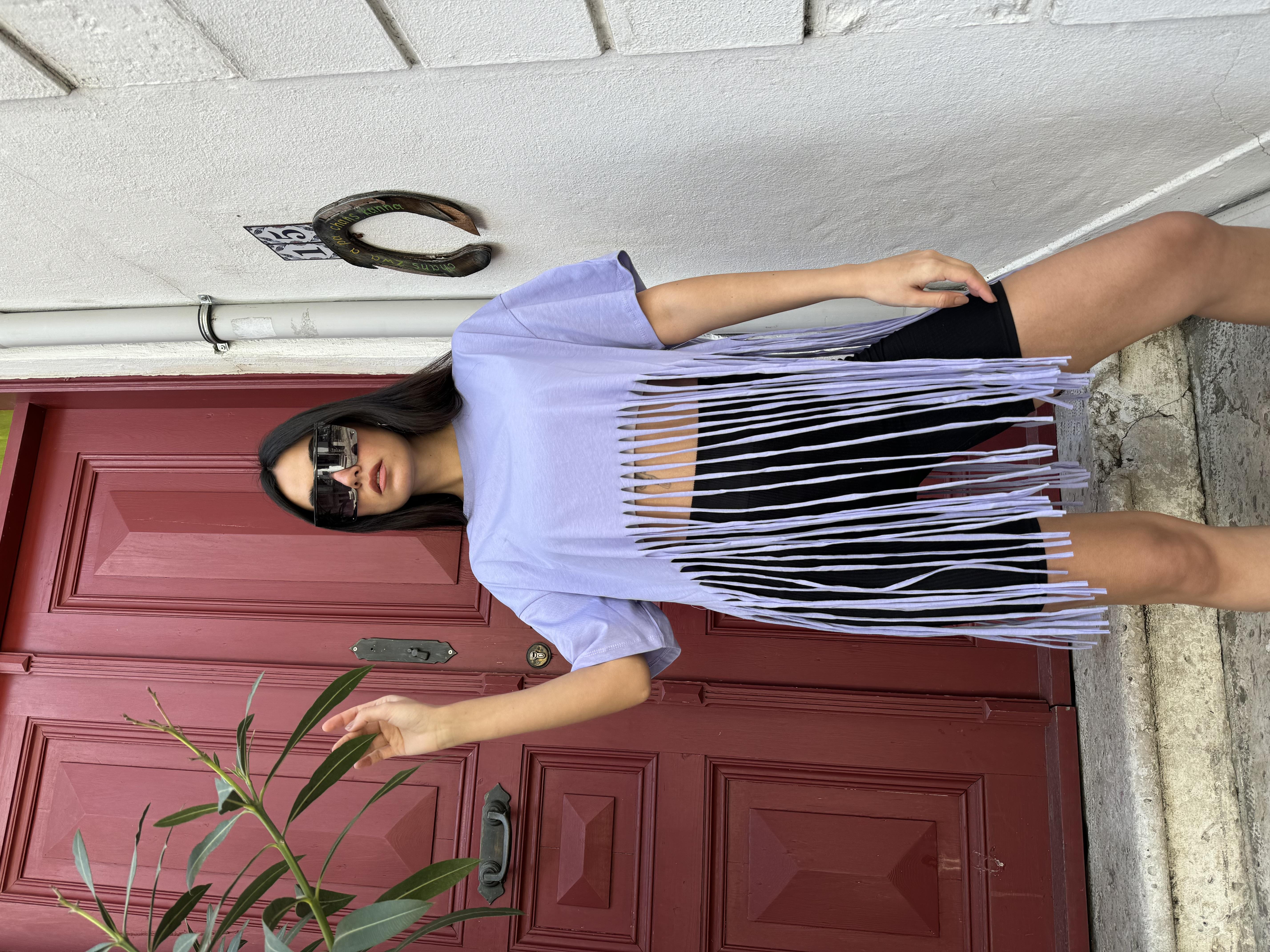 Lila Püsküllü Penye Oversize T-Shirt 25436
