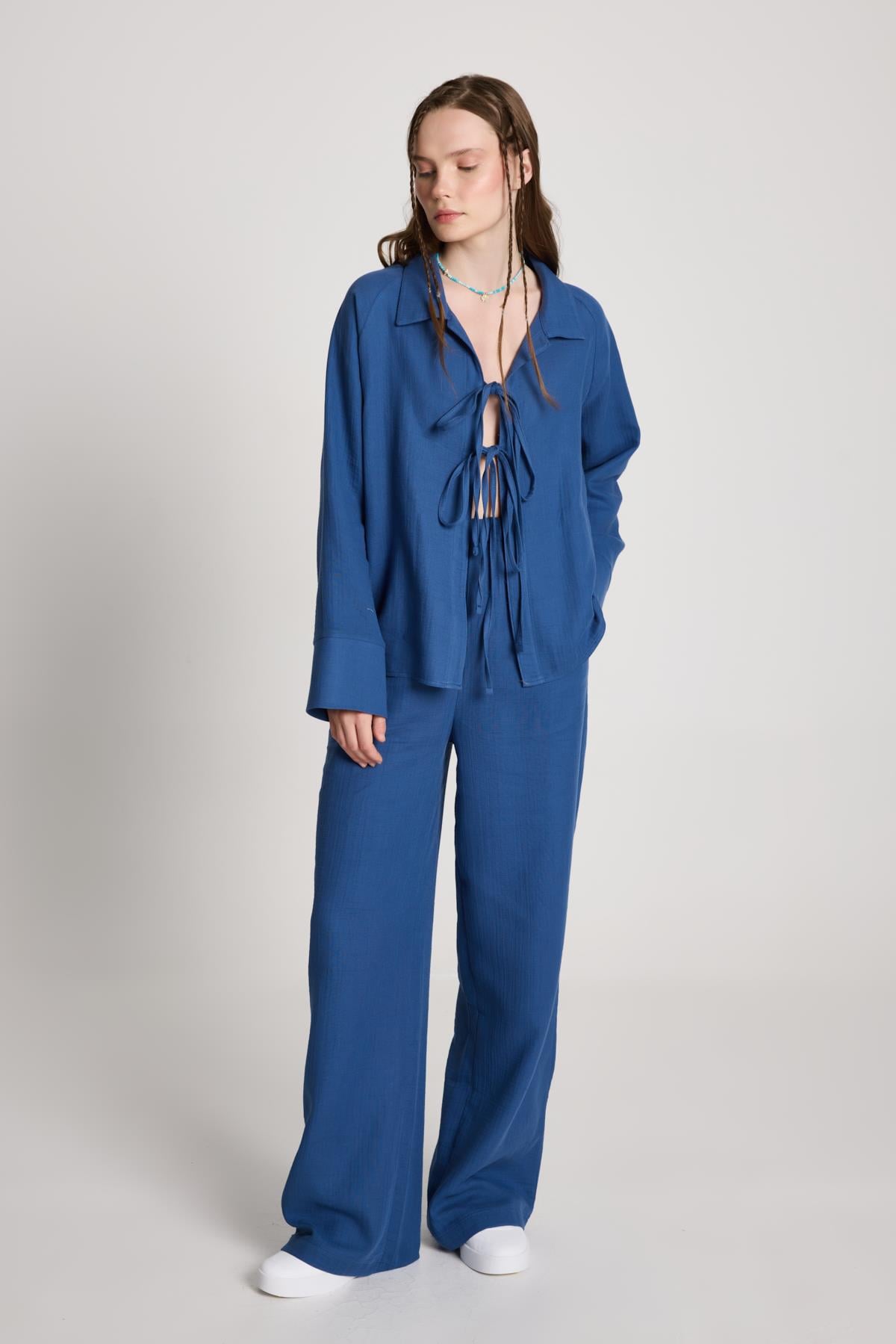 Luis Müslin Bağlamalı Gömlek/Pantolon Takım İndigo