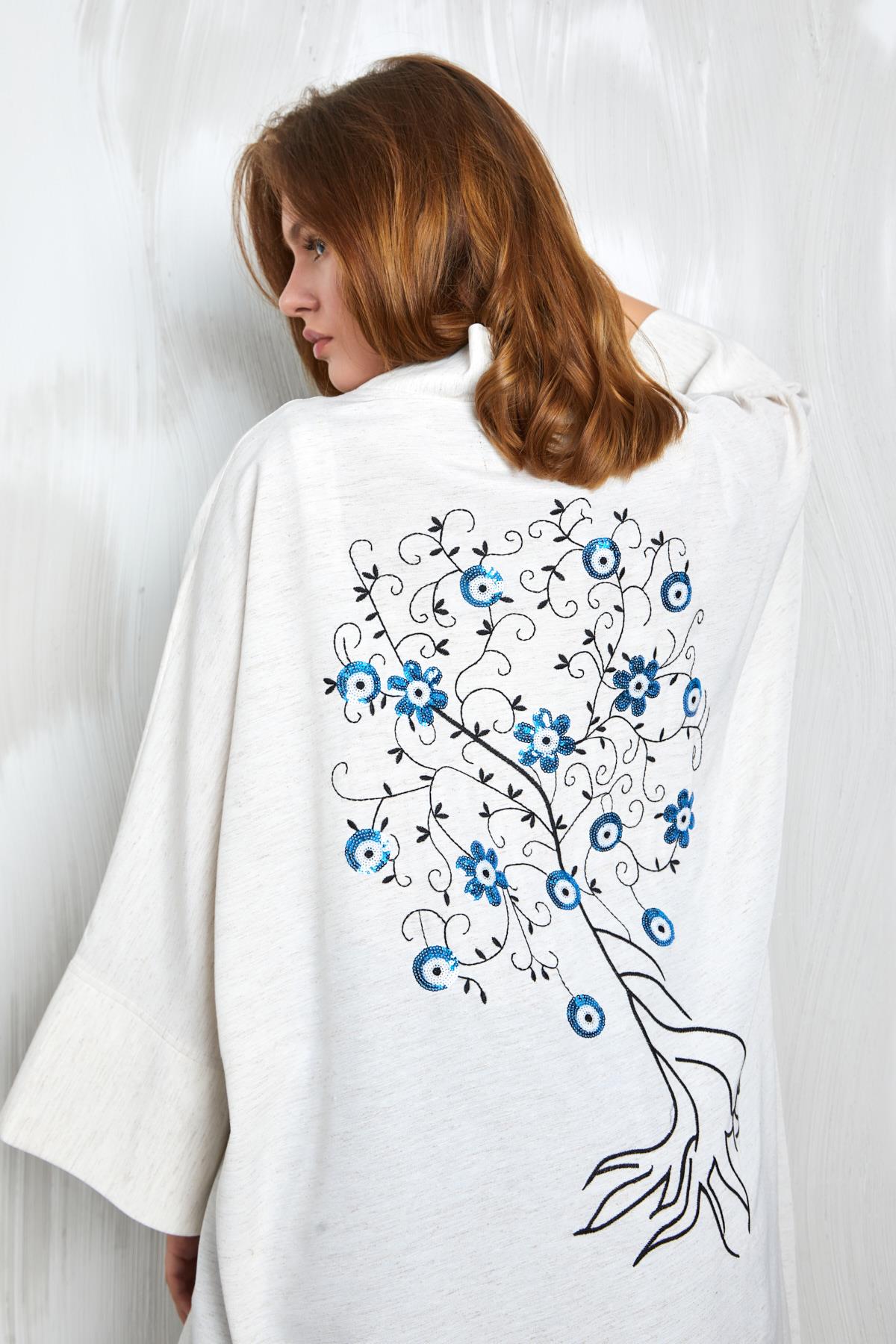 Natur Sırtı Pul Nakışlı Uzun Kimono 27383