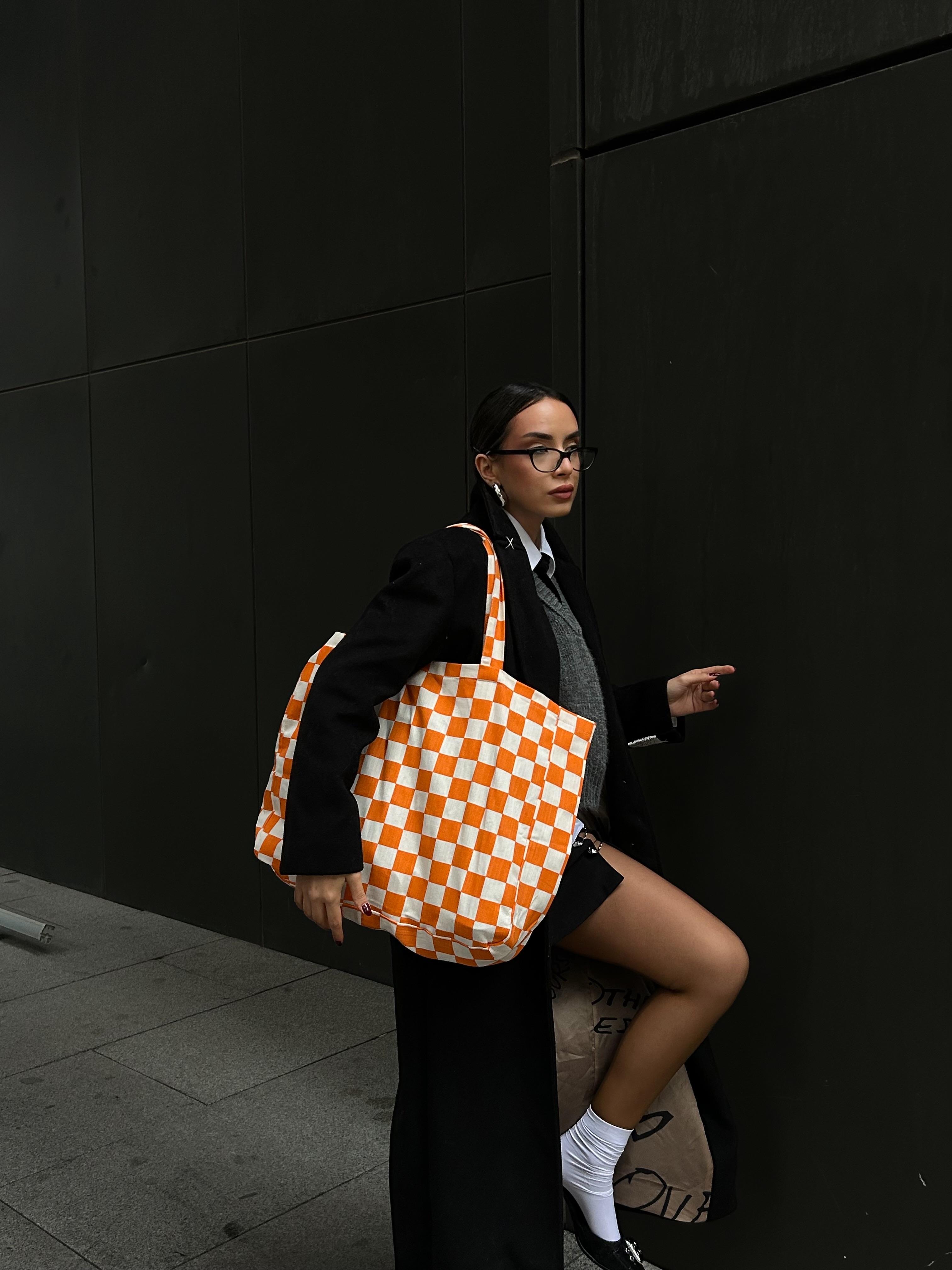 Oranj Dama Desenli Oversize Kanvas Bez Çanta