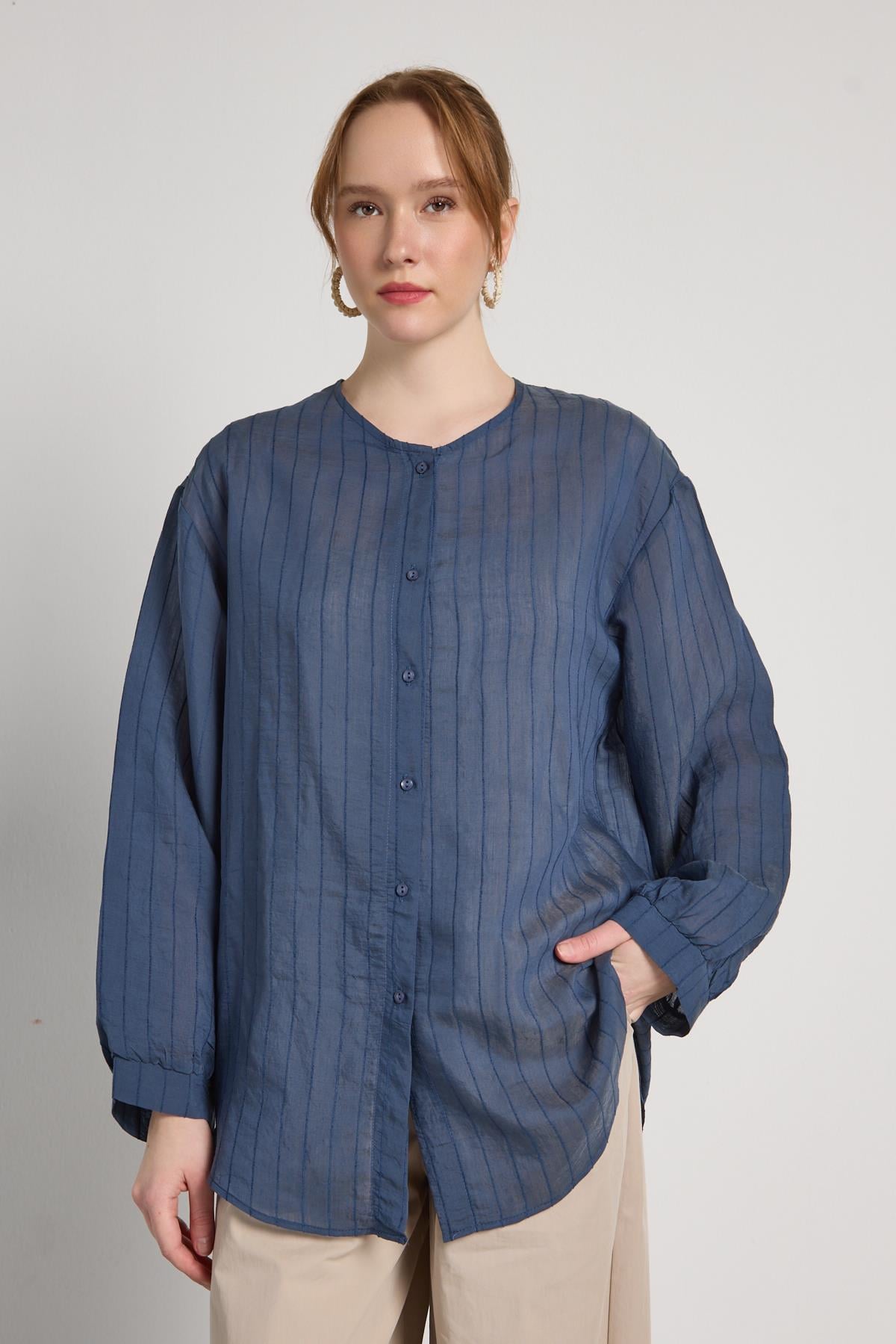 Oversize Balon Kol indigo Kadın Yakasız Gömlek 31037