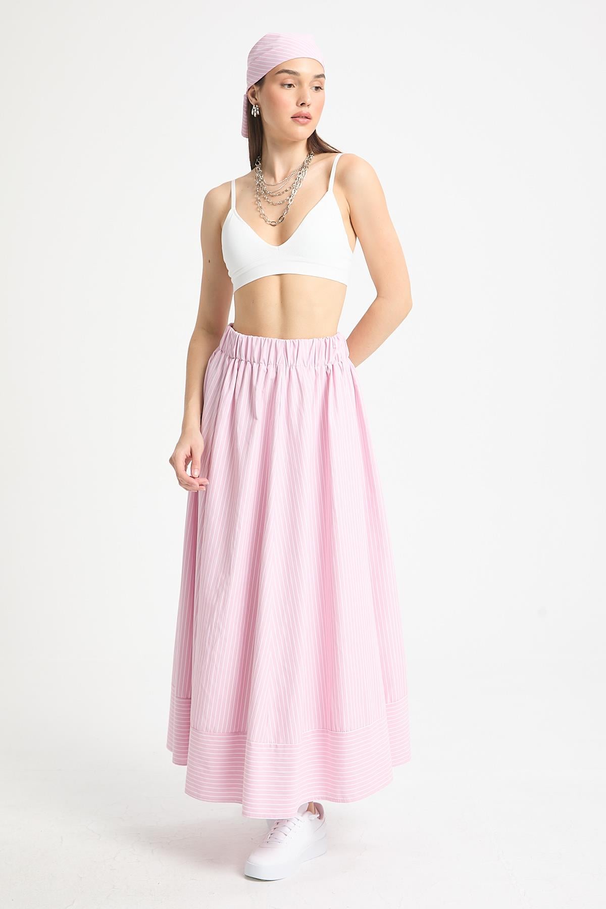 Pembe Çizgili Poplin Beli Lastikli Astarsız Uzun Etek 29277