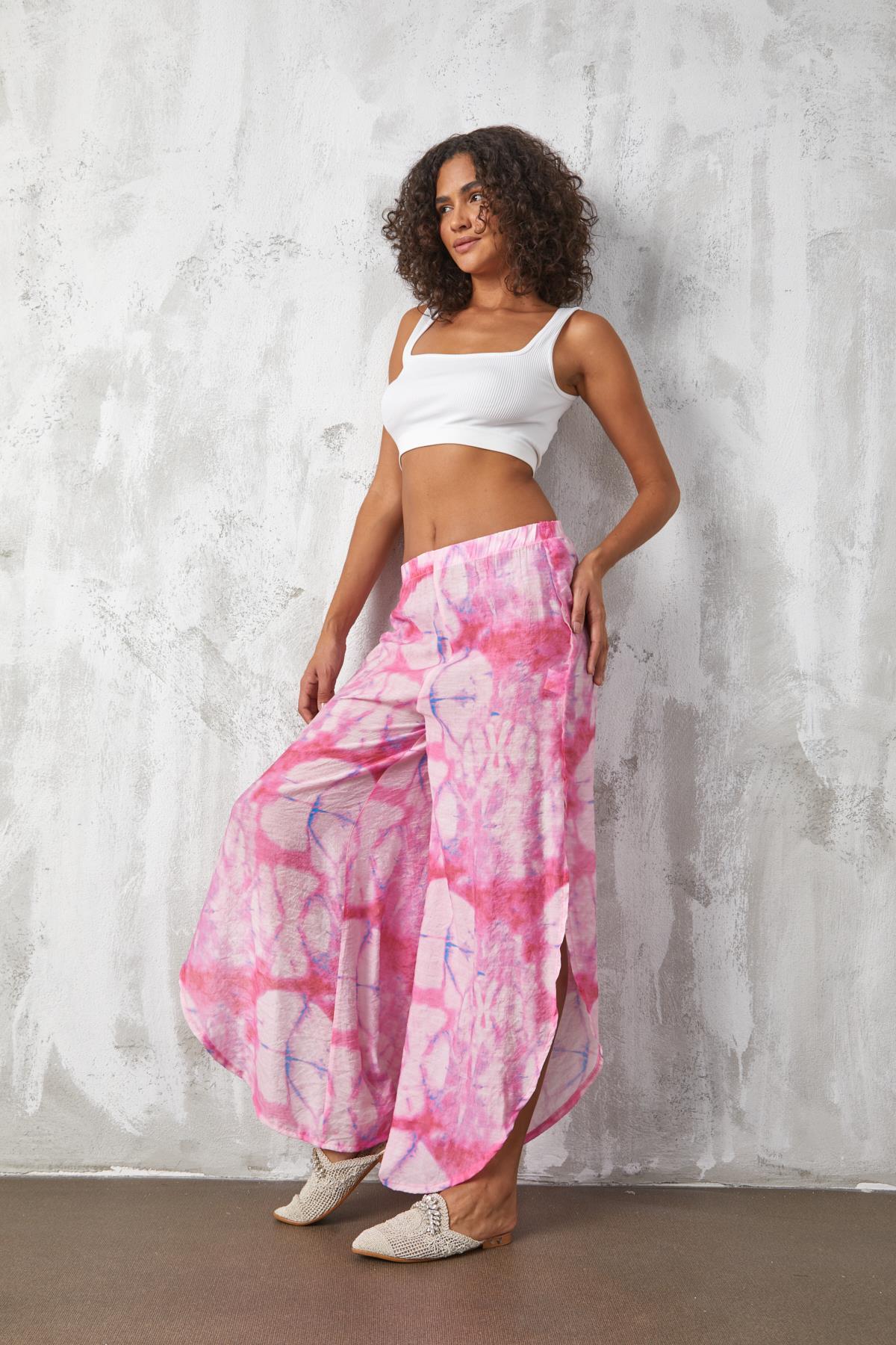 Pembe Mango Kumaş Desenli Plaj Pareo Pantolon 27165