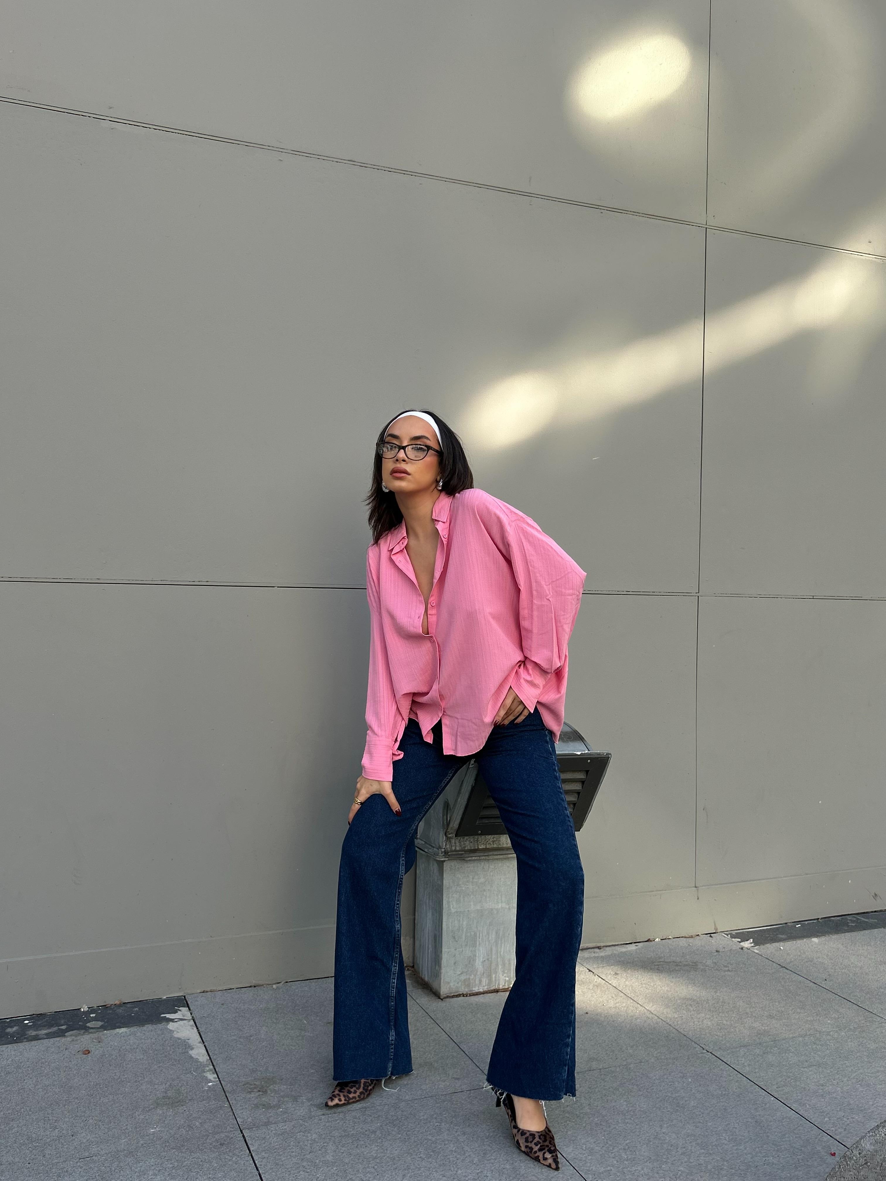 Pembe Oversize Geniş Manşetli Kadın Gömlek 27384