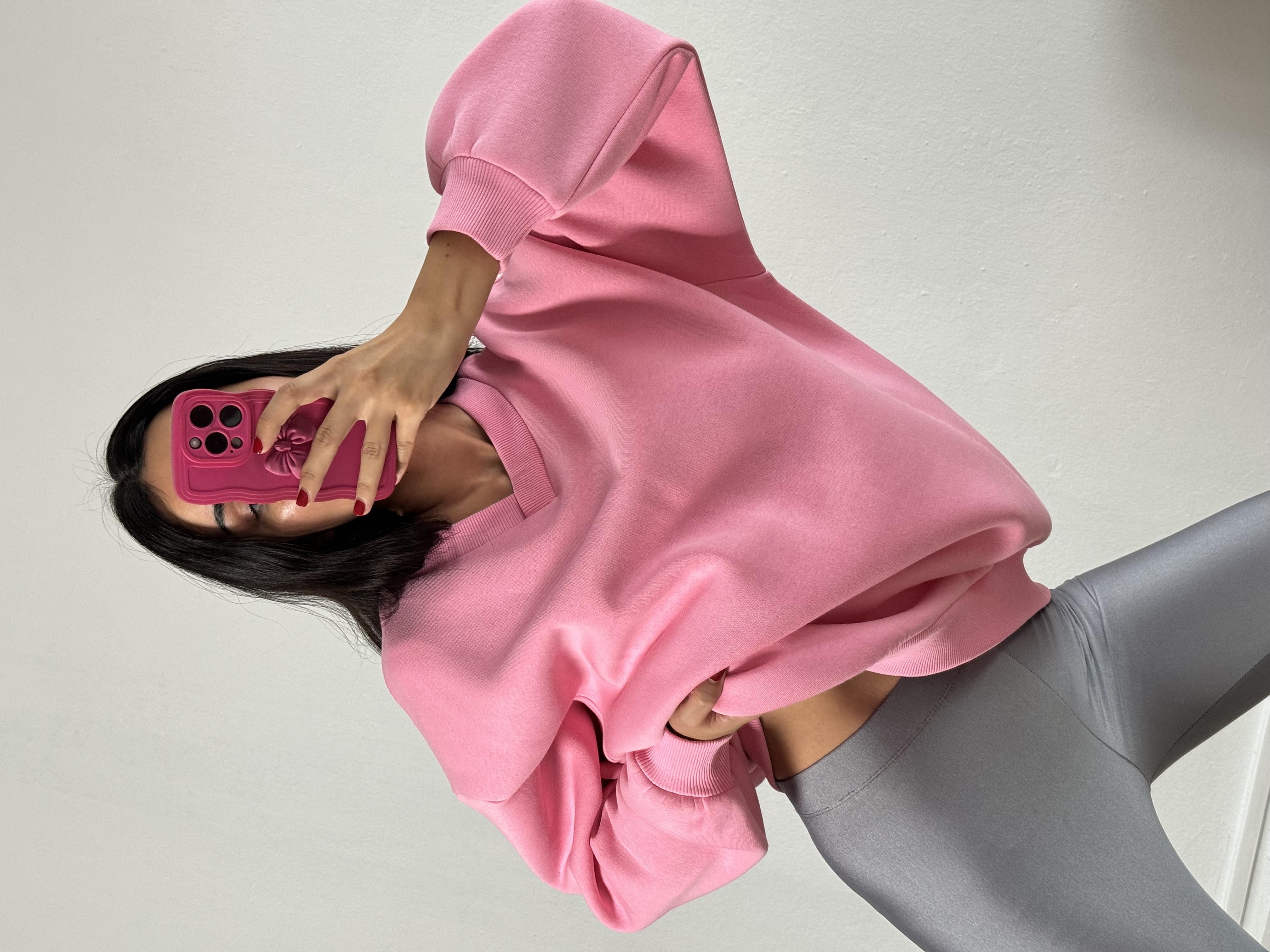 Pembe Şardonlu V Yaka Oversize Basic Sweatshirt 26287