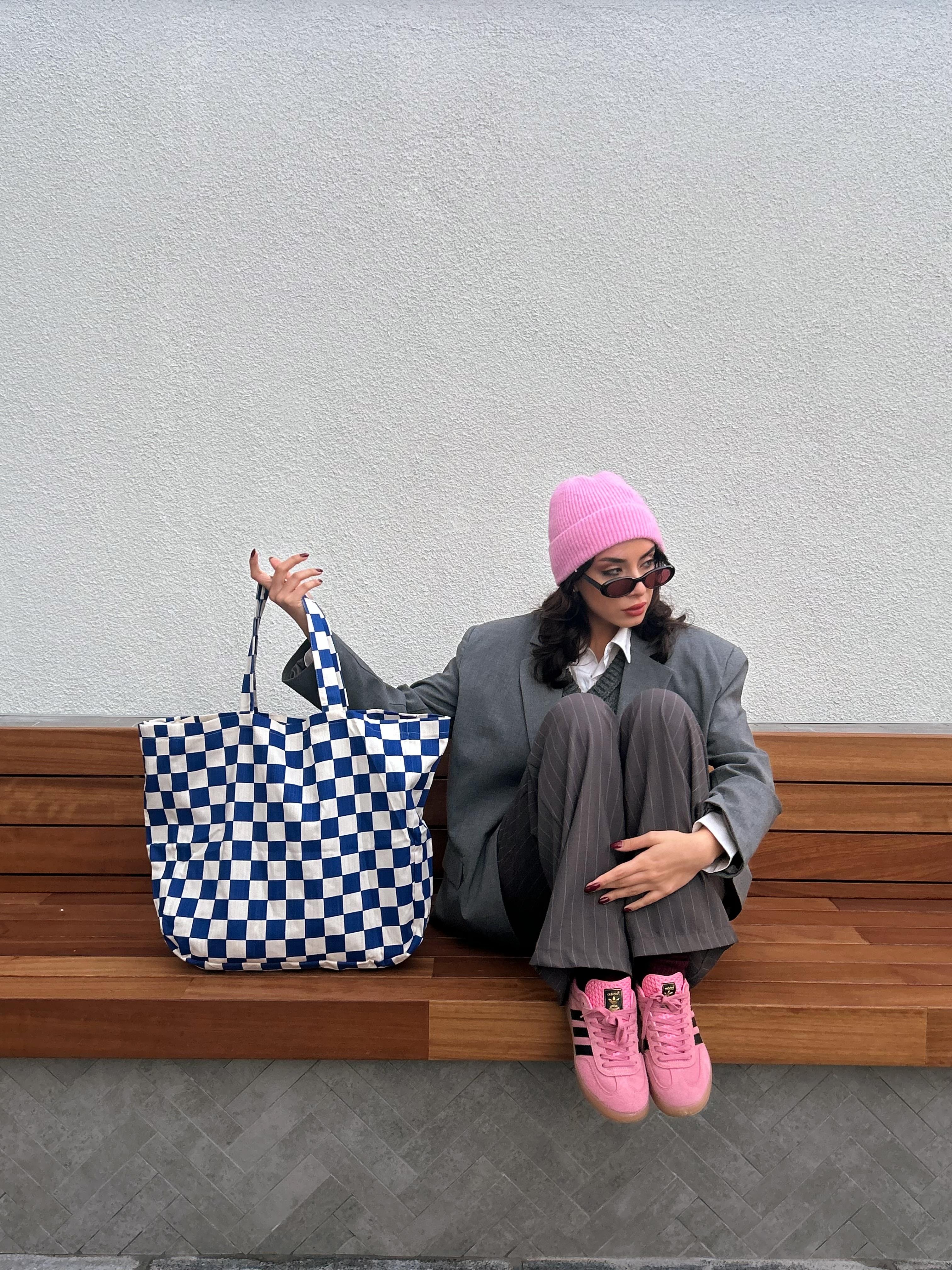 Saks Dama Desenli Oversize Kanvas Bez Çanta