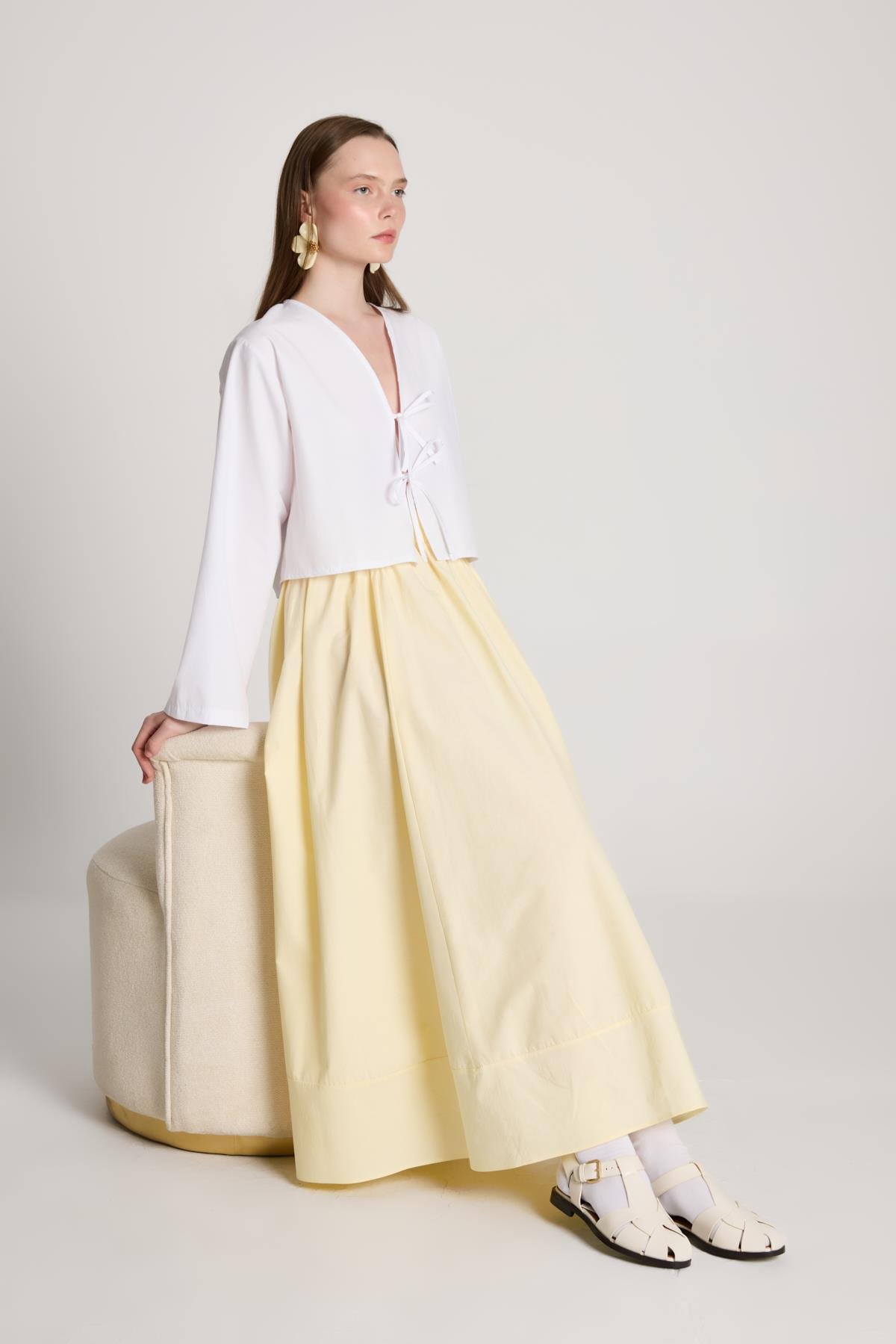 Sarı Poplin Beli Lastikli Uzun Etek 27321