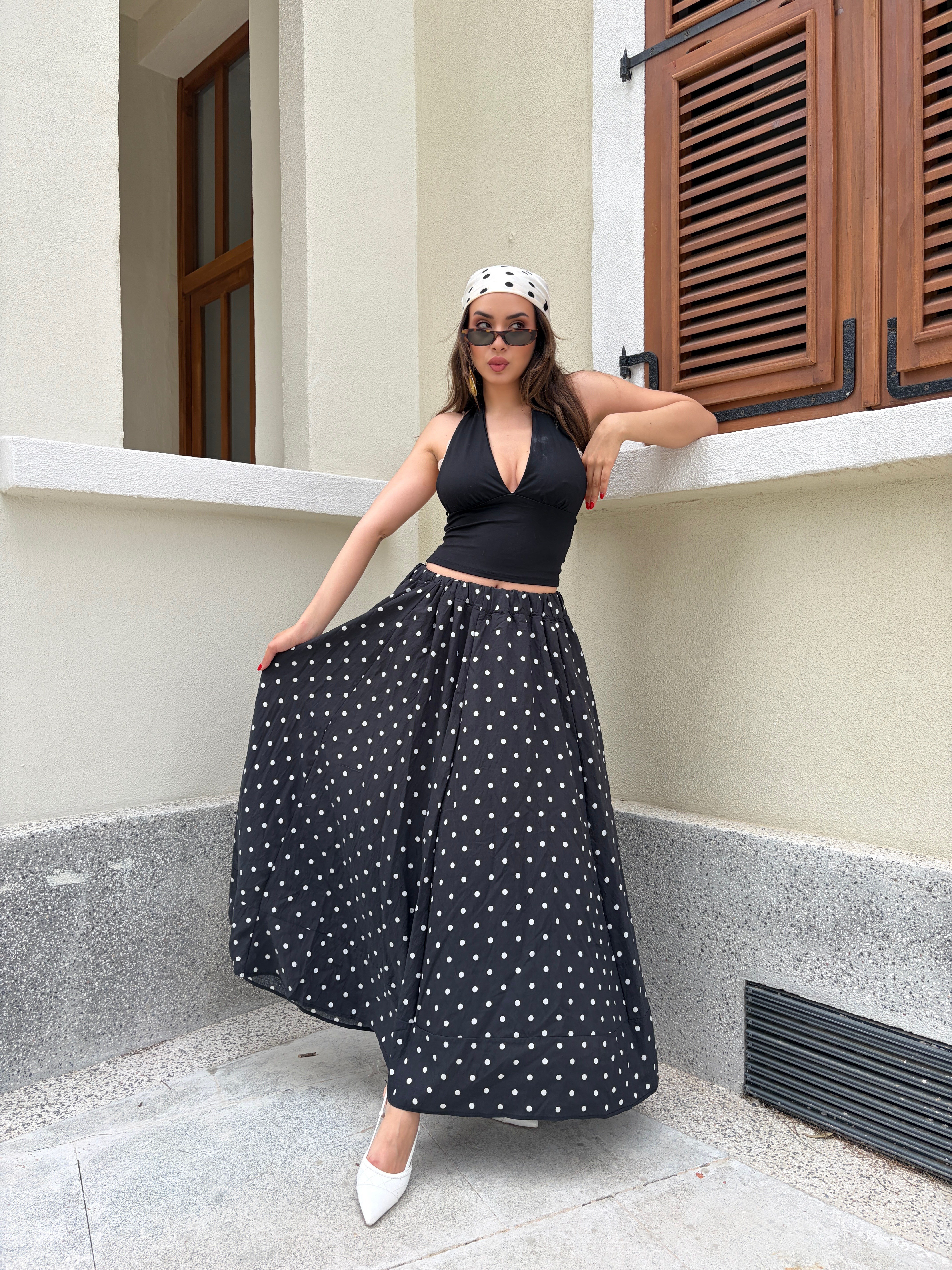 Siyah-Beyaz Puantiyeli Astarlı Uzun Etek 31118