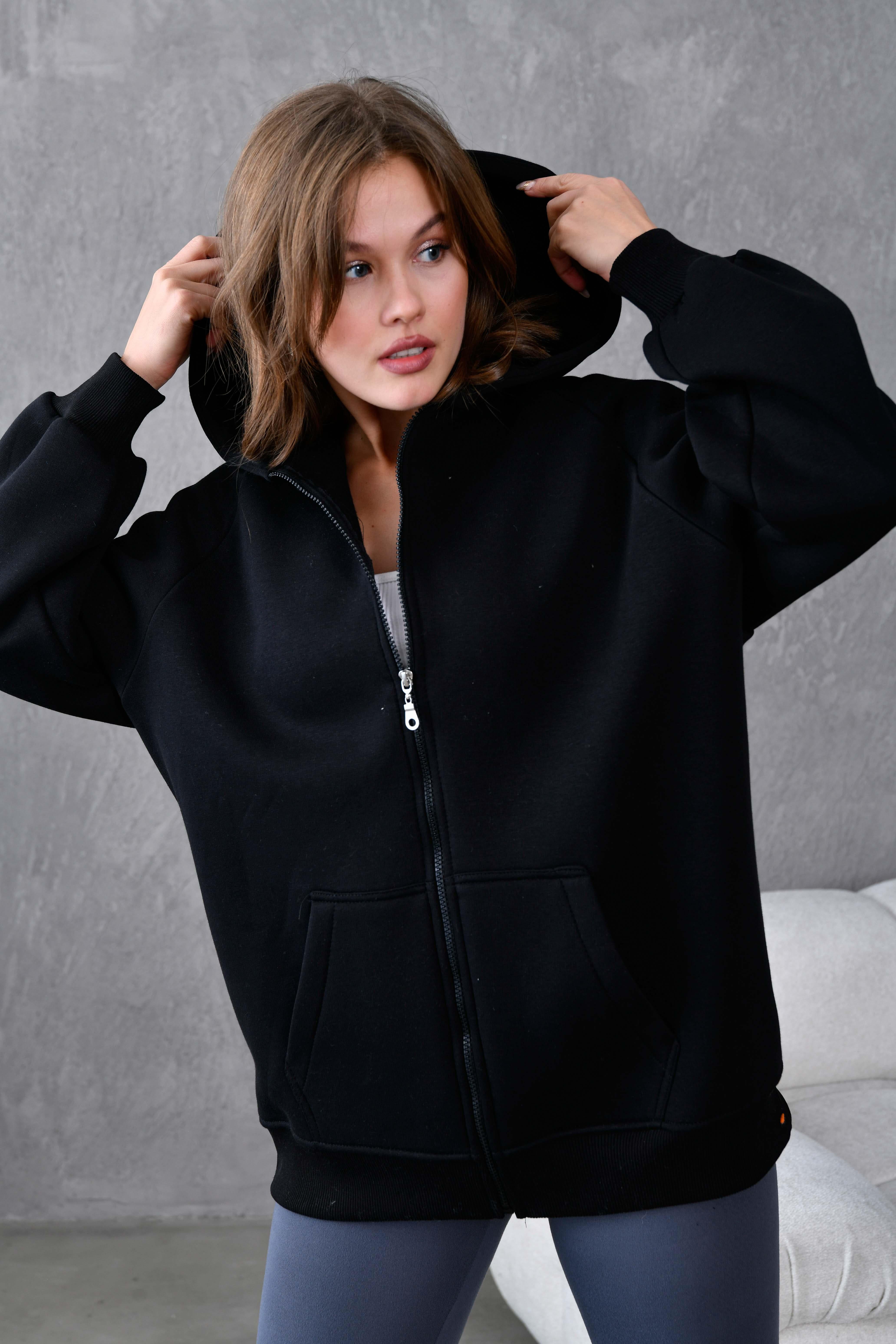 Siyah Fermuarlı Kapüşonlu Unisex Şardonlu Oversize Sweatshirt 28217