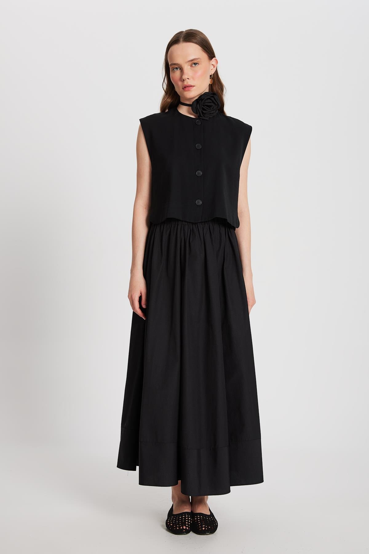 Siyah Poplin Beli Lastikli Uzun Etek 27321