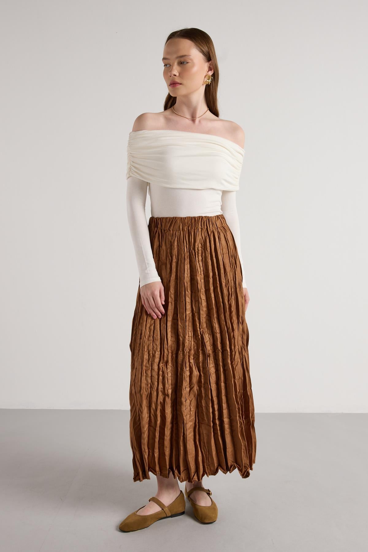 Süet Kraşlı Uzun Etek Taba