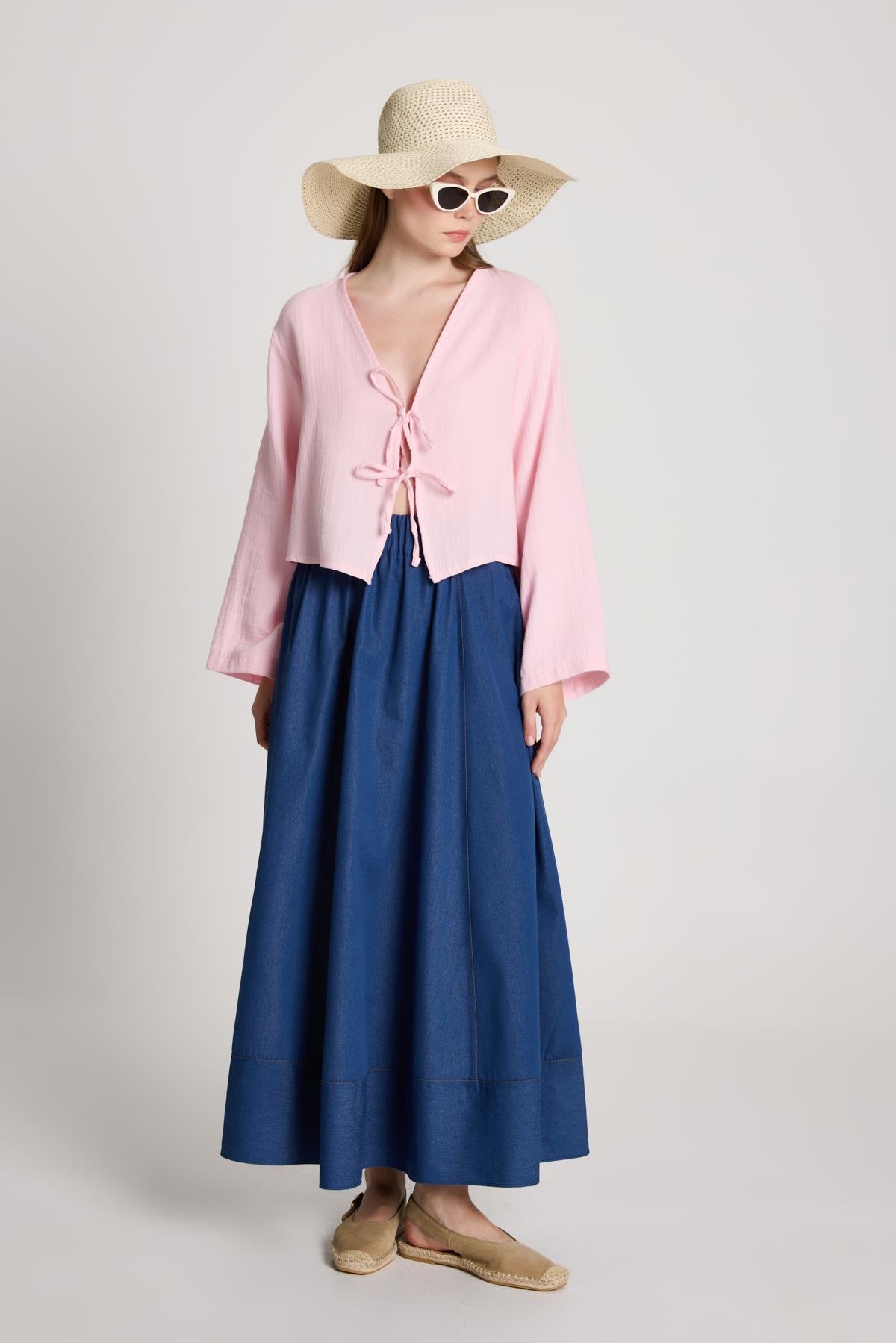 Toz Pembe Müslin Kumaş Önden Bağlamalı Bluz 27355