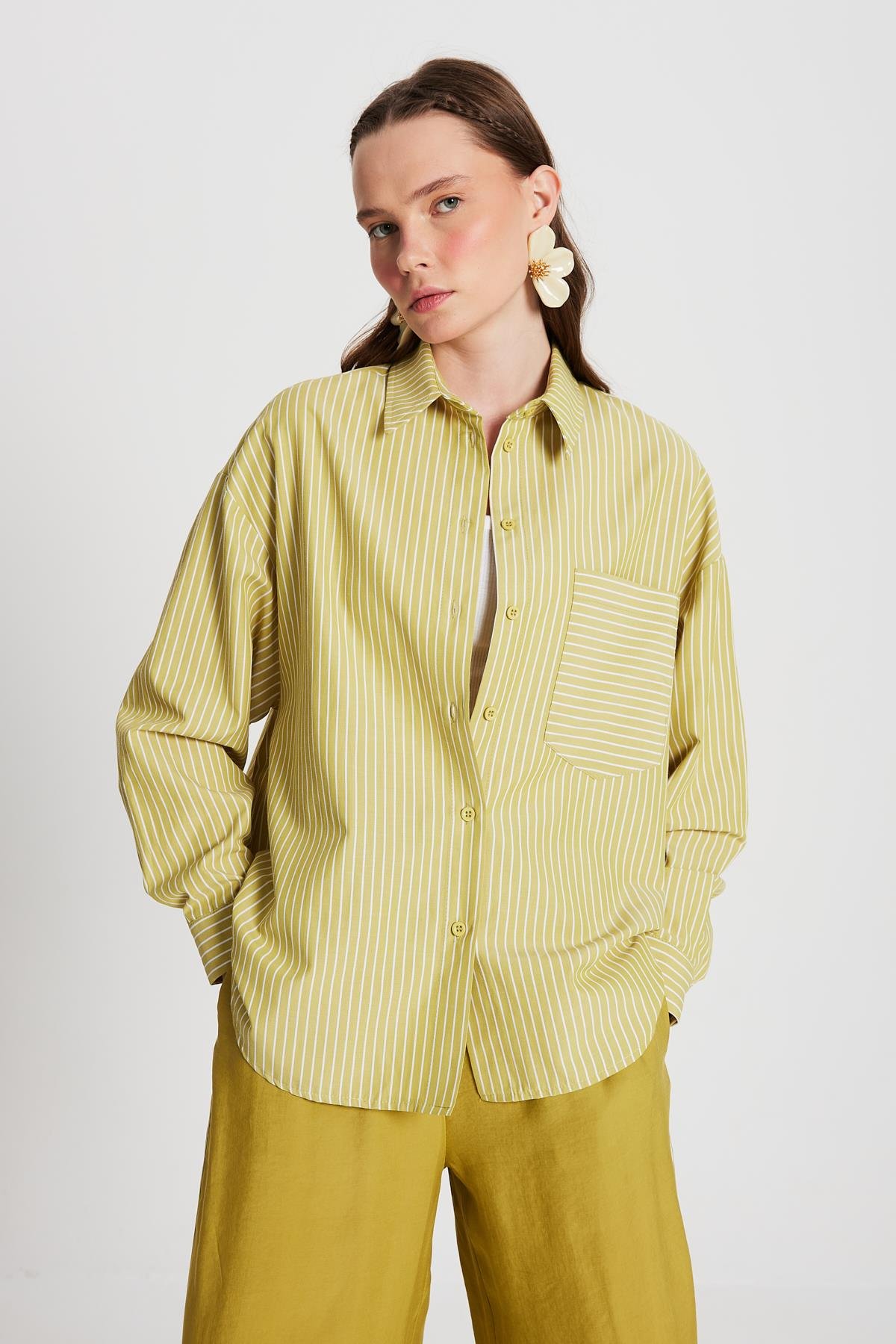 Yağ Yeşili Beyaz Çizgili Oversize Cepli Gömlek 27135