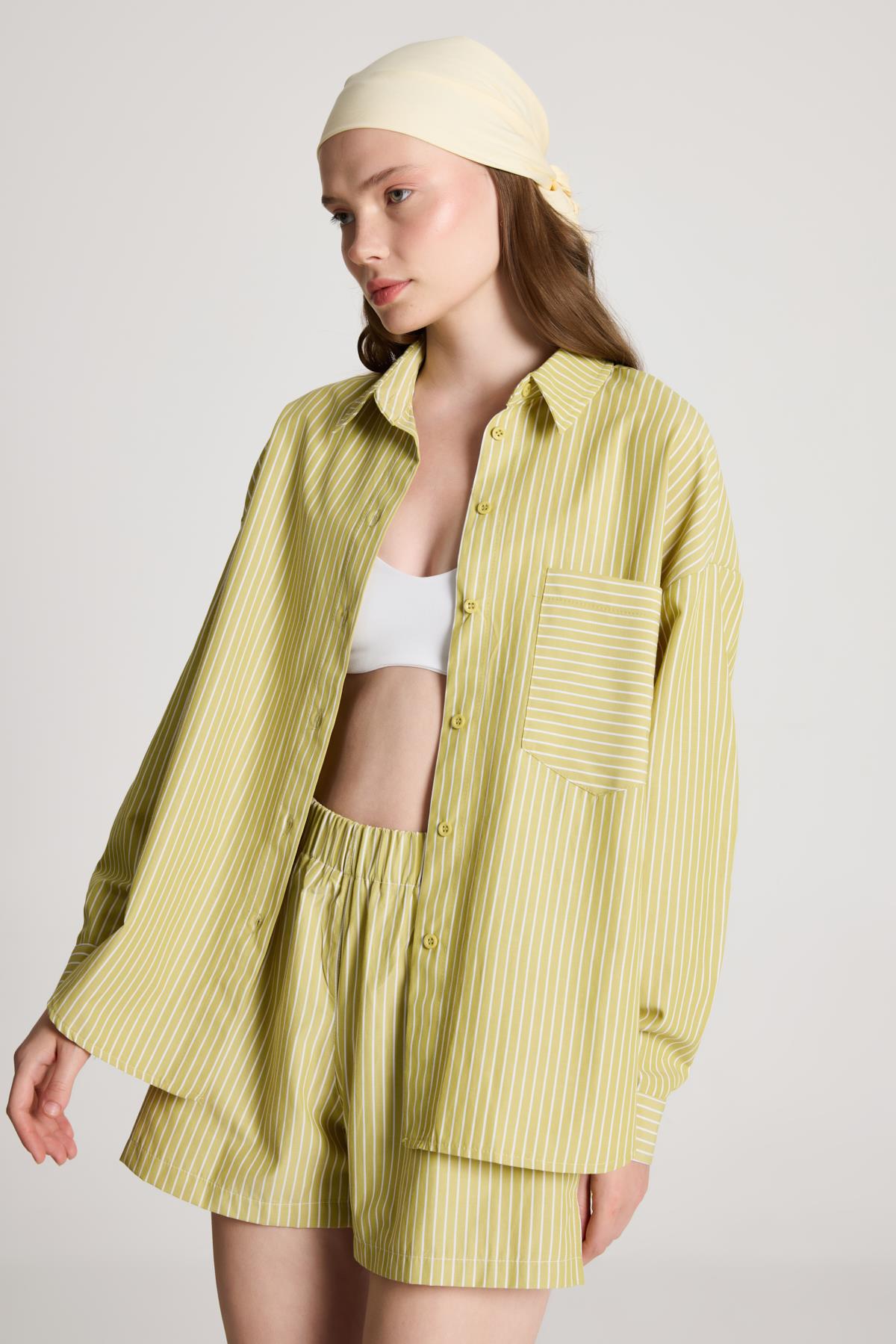 Yağ Yeşili Beyaz Çizgili Oversize Gömlek/şort Alt-üst Takım 27381