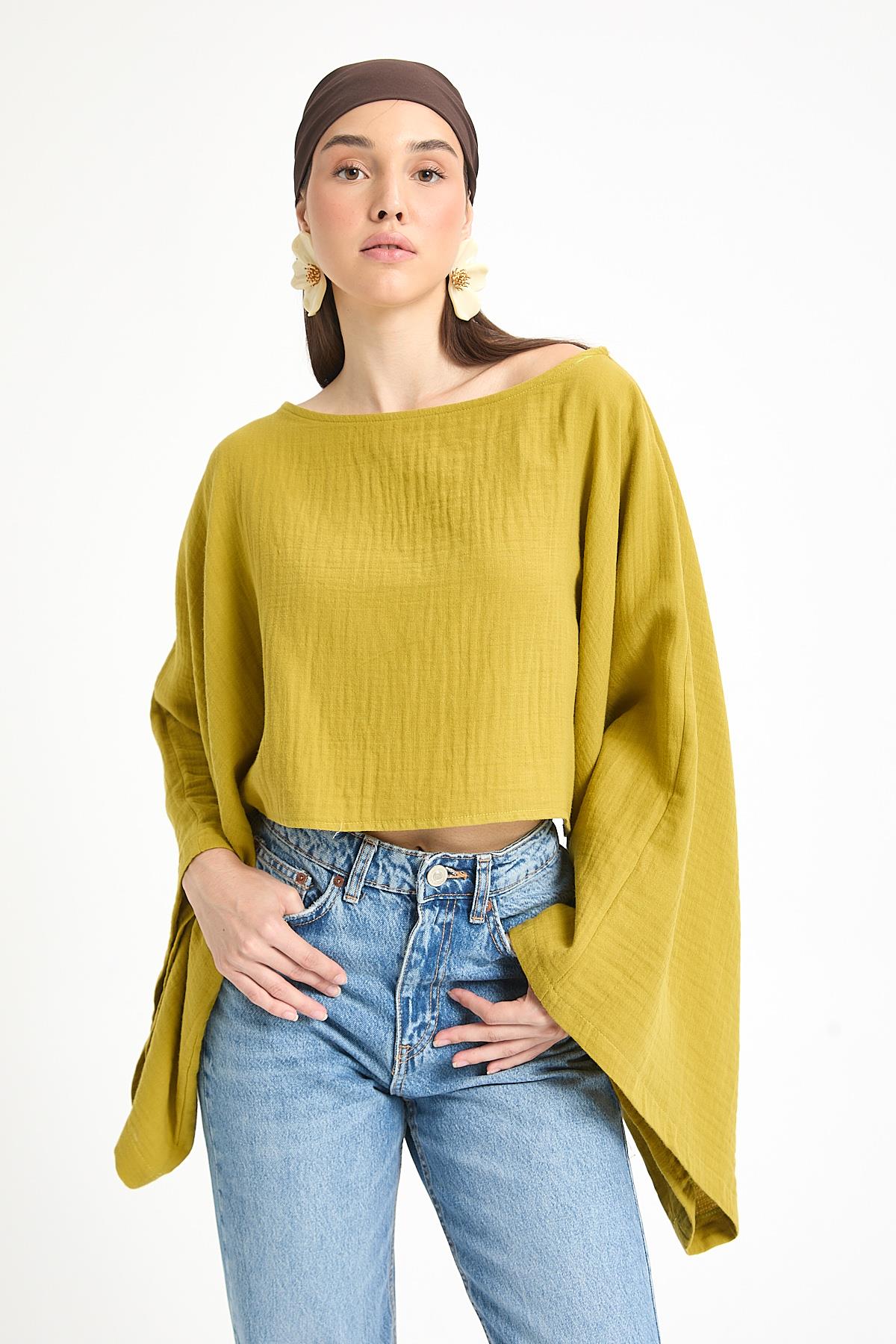 Yağ Yeşili Oversize Kesim Müslin Bluz 29230