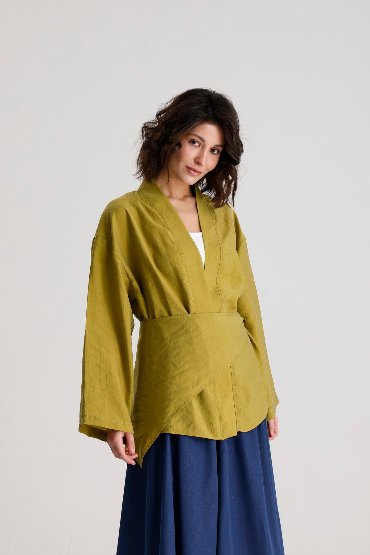 Yağ Yeşili Tensel Kumaş Premium Kruvaze Kapama Kimono 31073