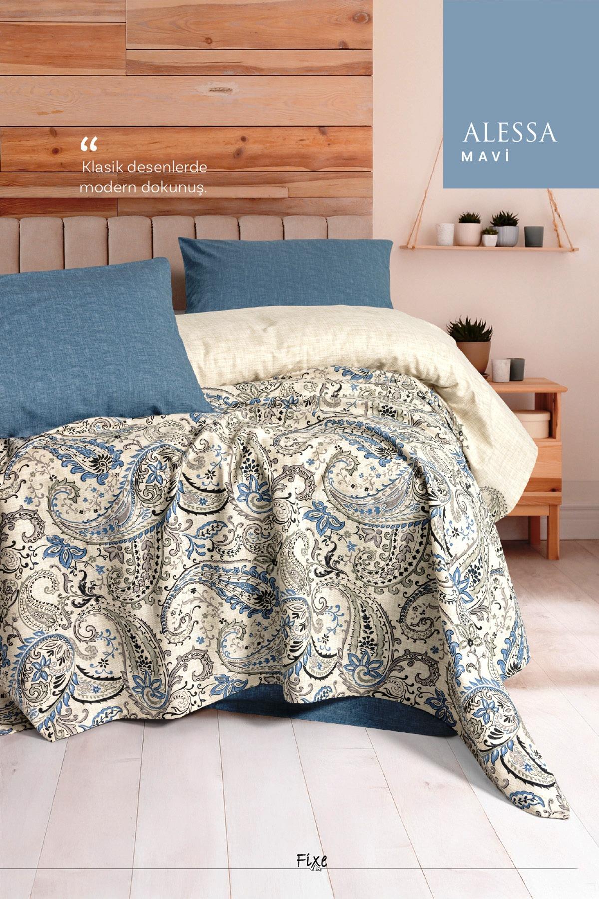 Alessa Mavi Tek Kişilik Pike Takımı – %100 Pamuk, Lastikli Çarşaflı